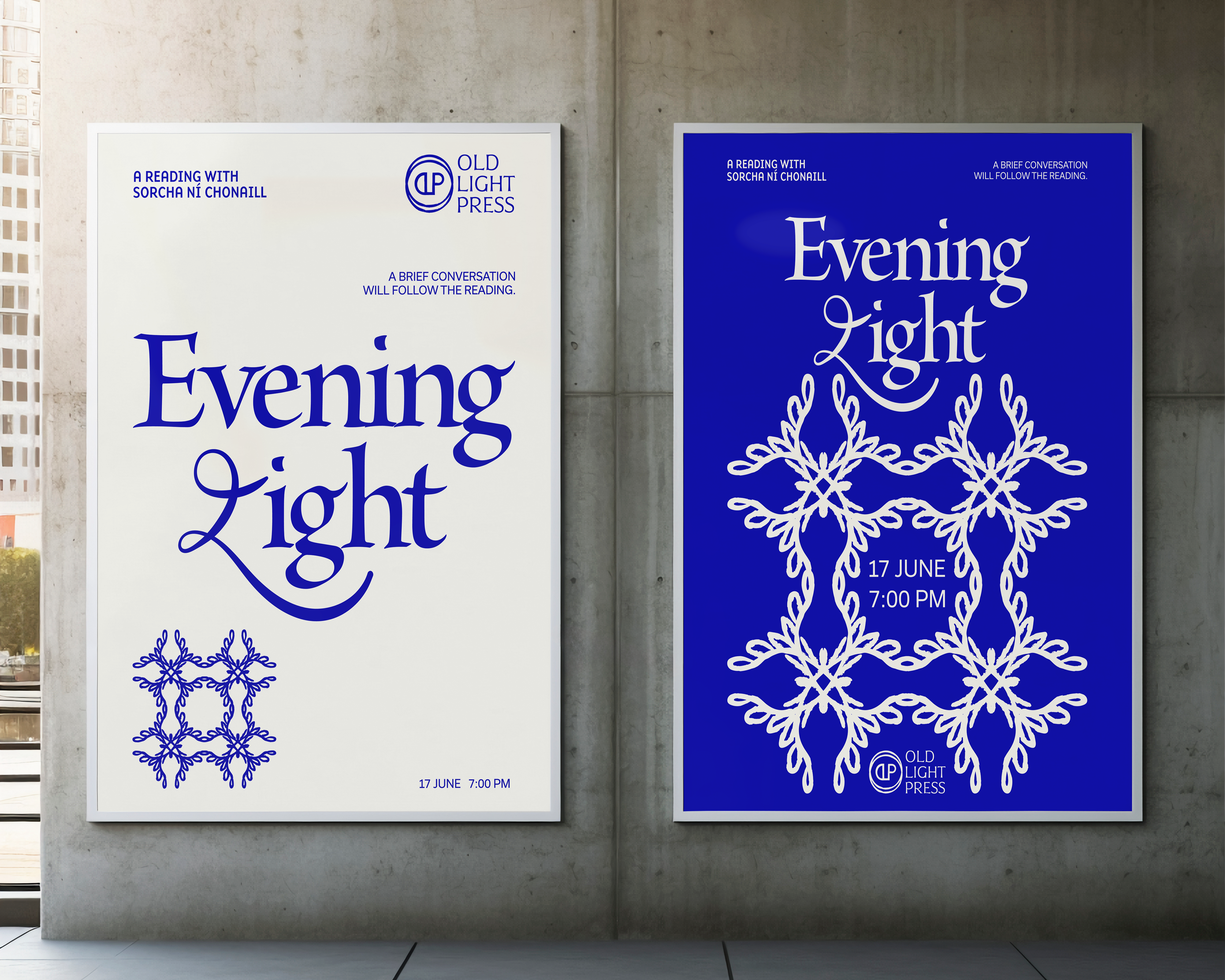 Side-by-side event poster design with custom typography and modern folk artwork for Old Light Press by Athens branding studio