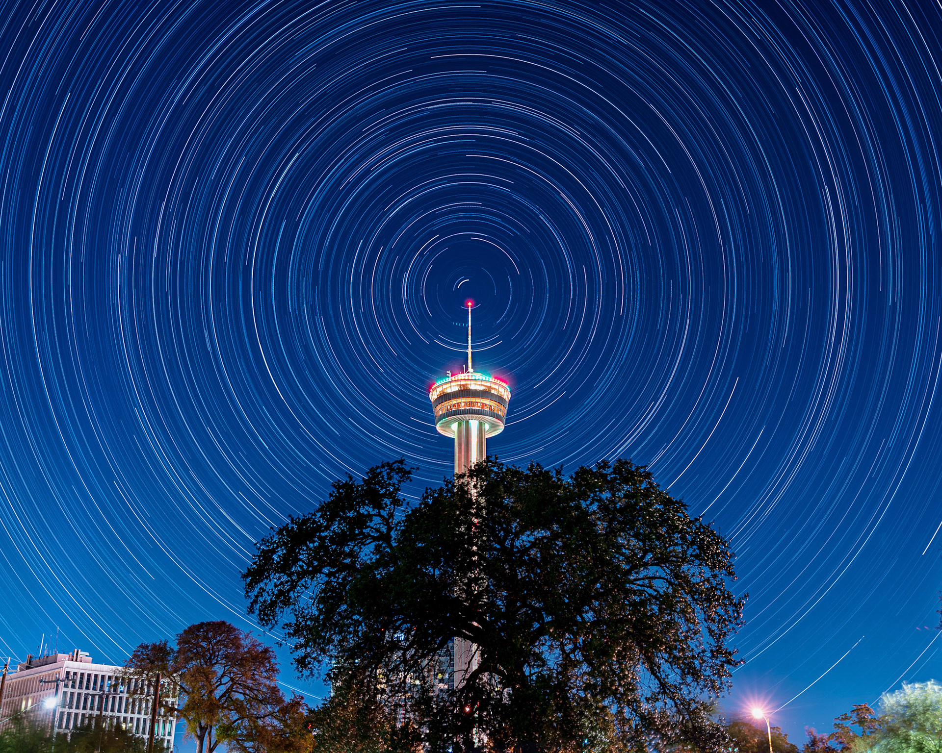 Star trails with Christmas tower