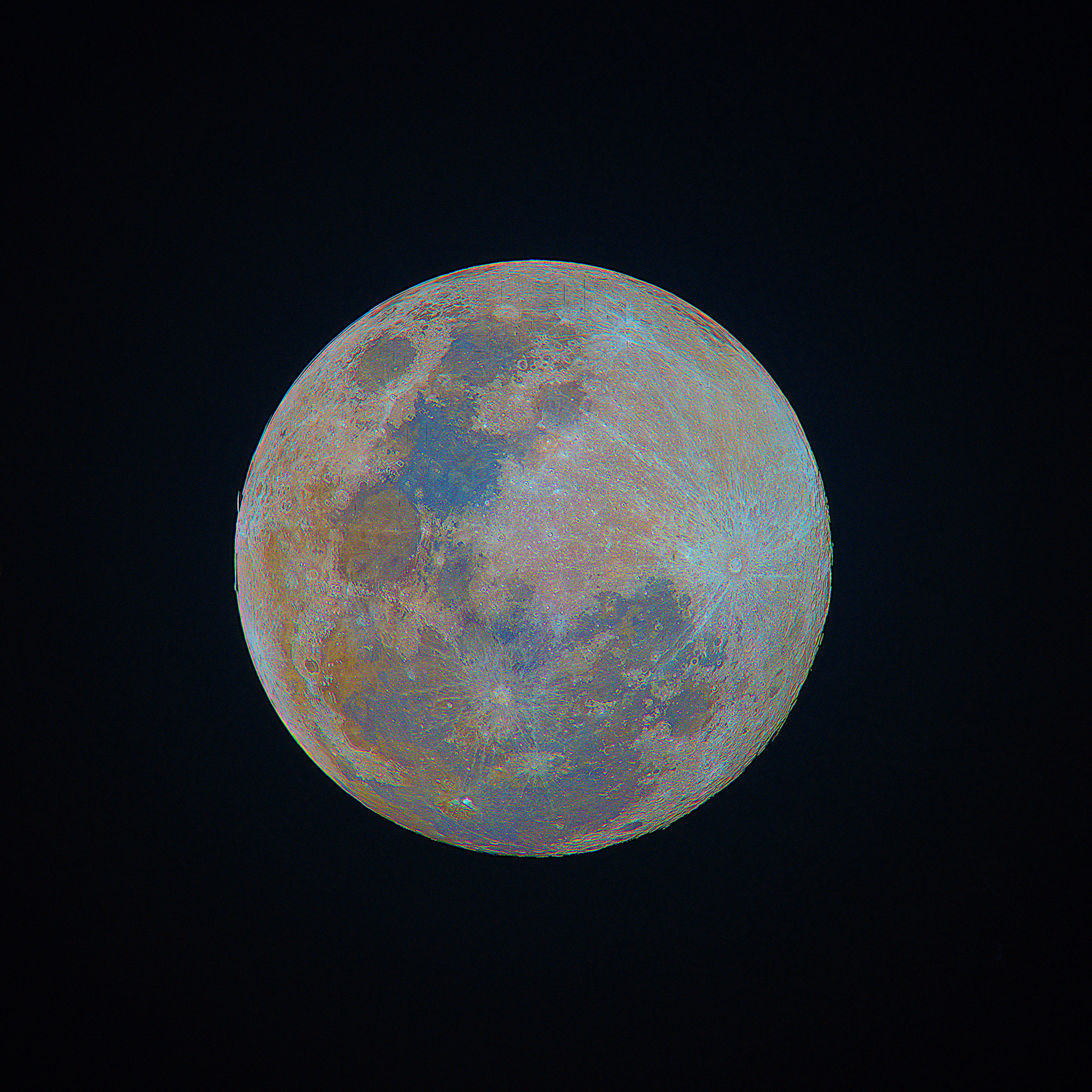 First attempt at capturing a Mineral Moon. The various colours depict the deposits of different minerals on the moon