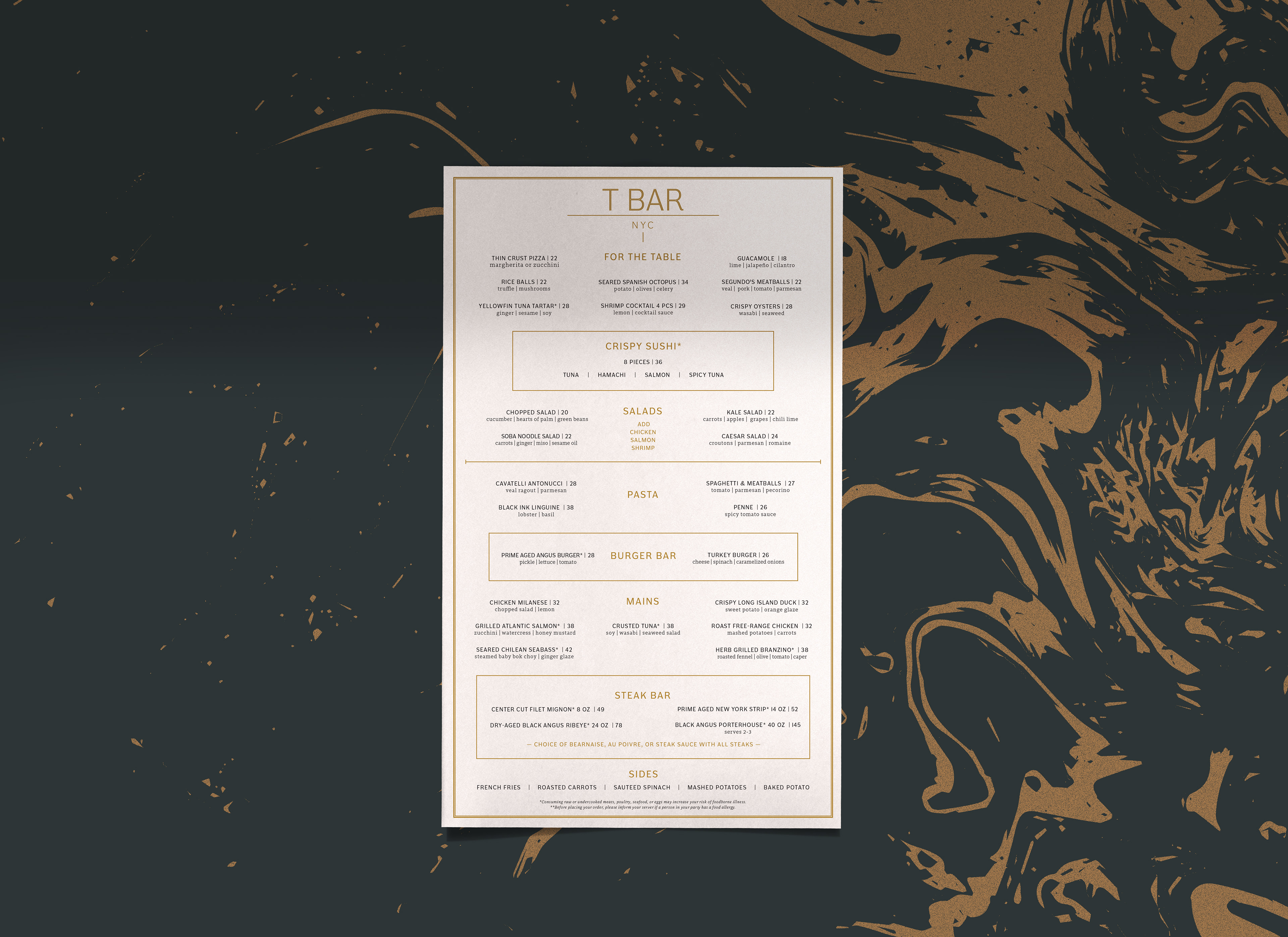 T Bar NYC Dinner Menu