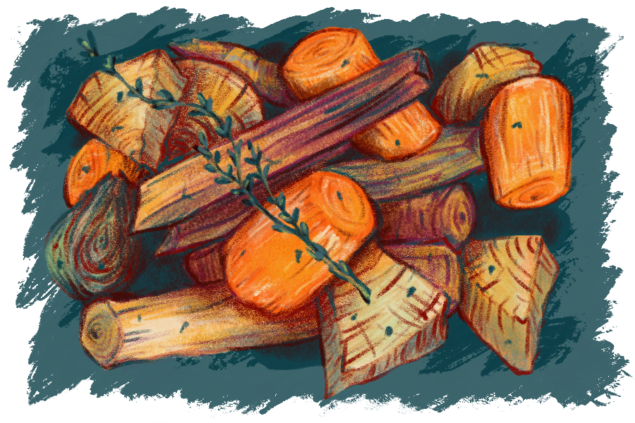Roasted Root Veggies | Laptop Dinner Spot Illustration | Digital