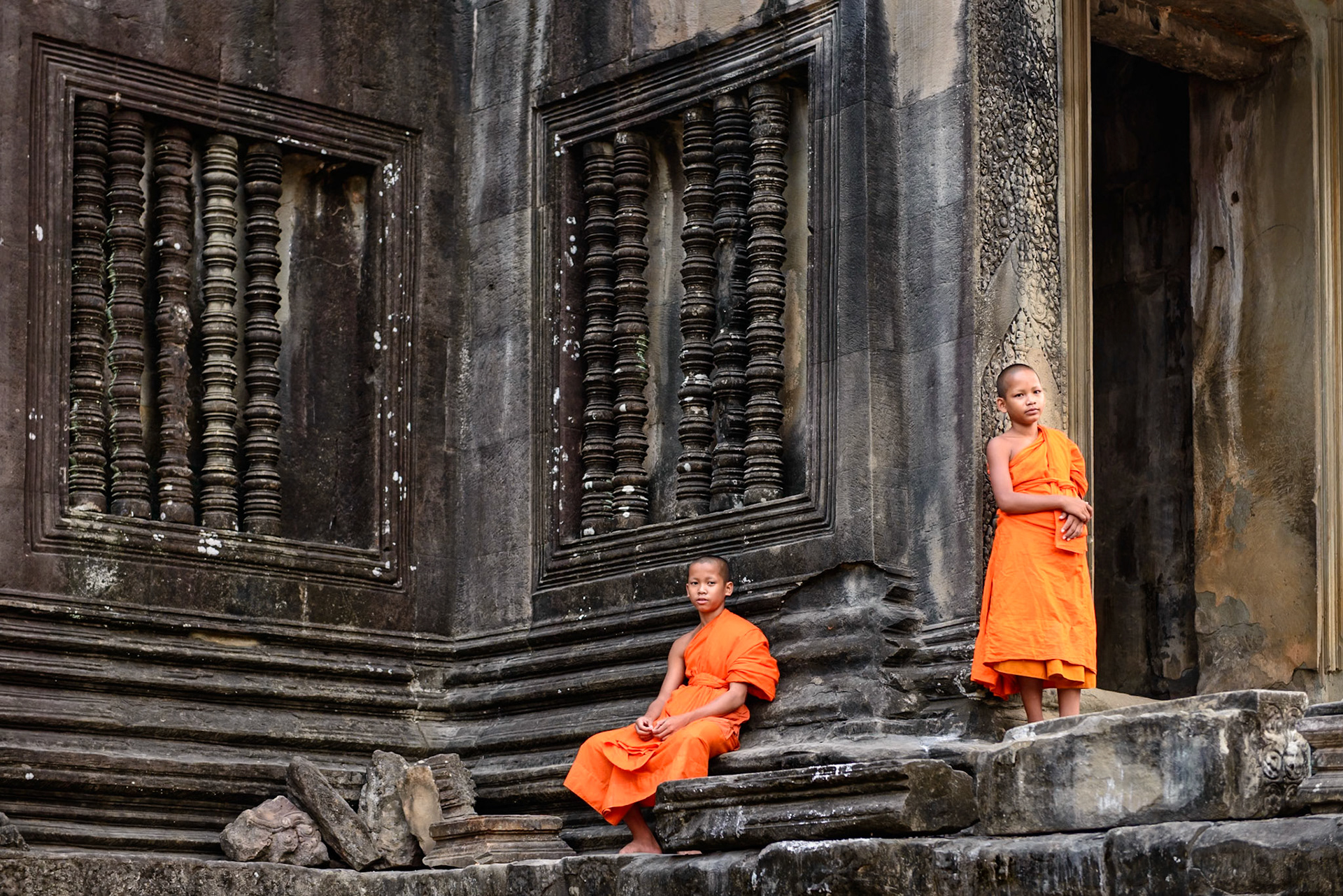 Just after sunrise we entered the temple area to shoot the structure before the crowds decended.  Unstaged and unannounced these two young monks wandered into my photo.