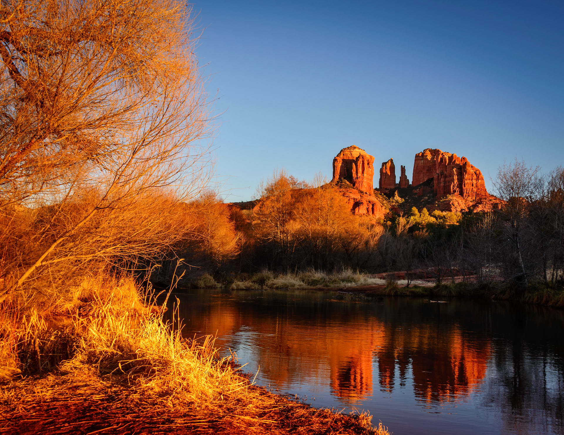 The firey glow of the setting sun on the grass and shrubs, waters edge, frames Cathedral rock and its reflection