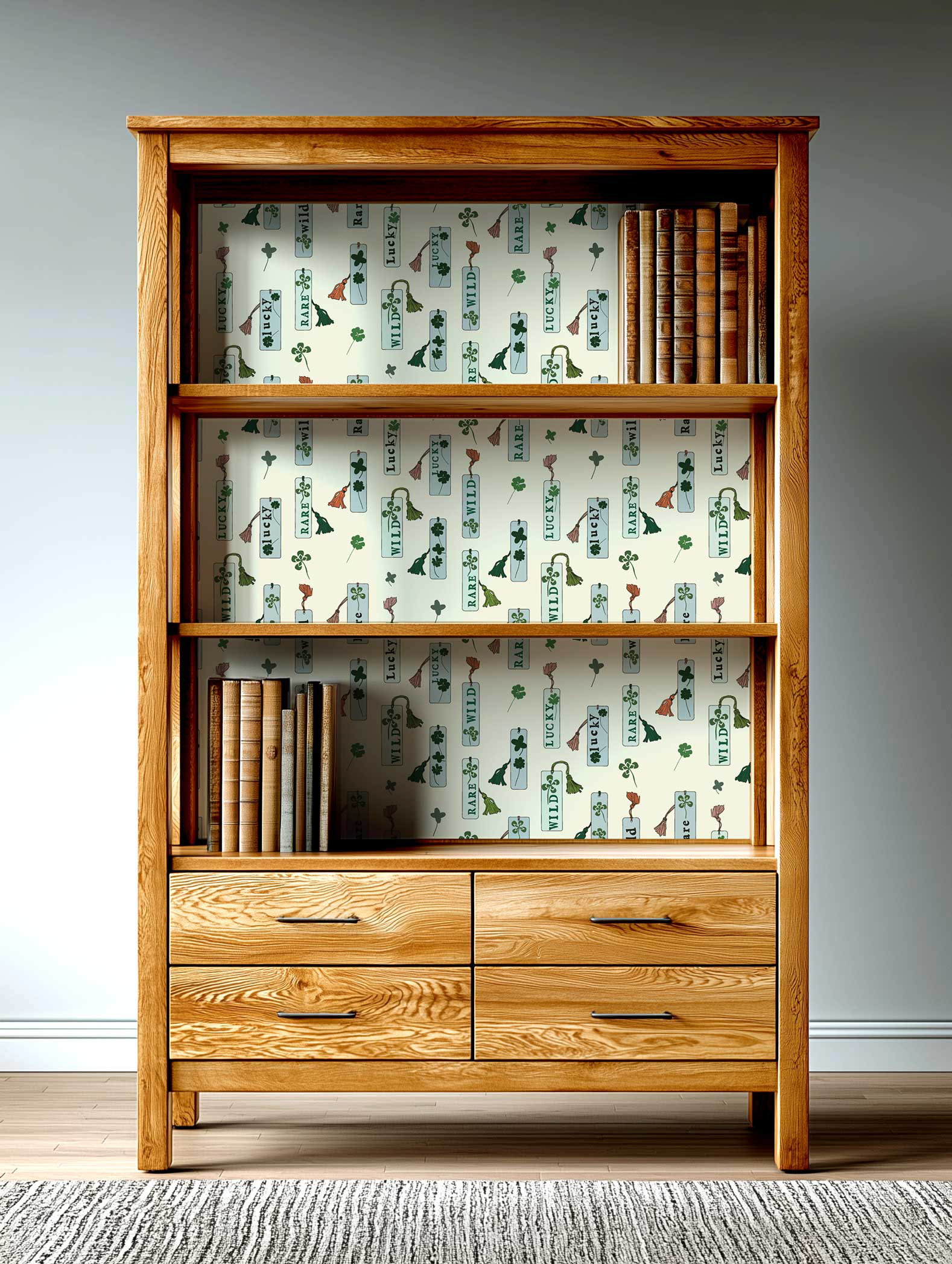 mock bookcase with contact paper on the back face, with lucky wild rare pattern of bookmarks on it.
