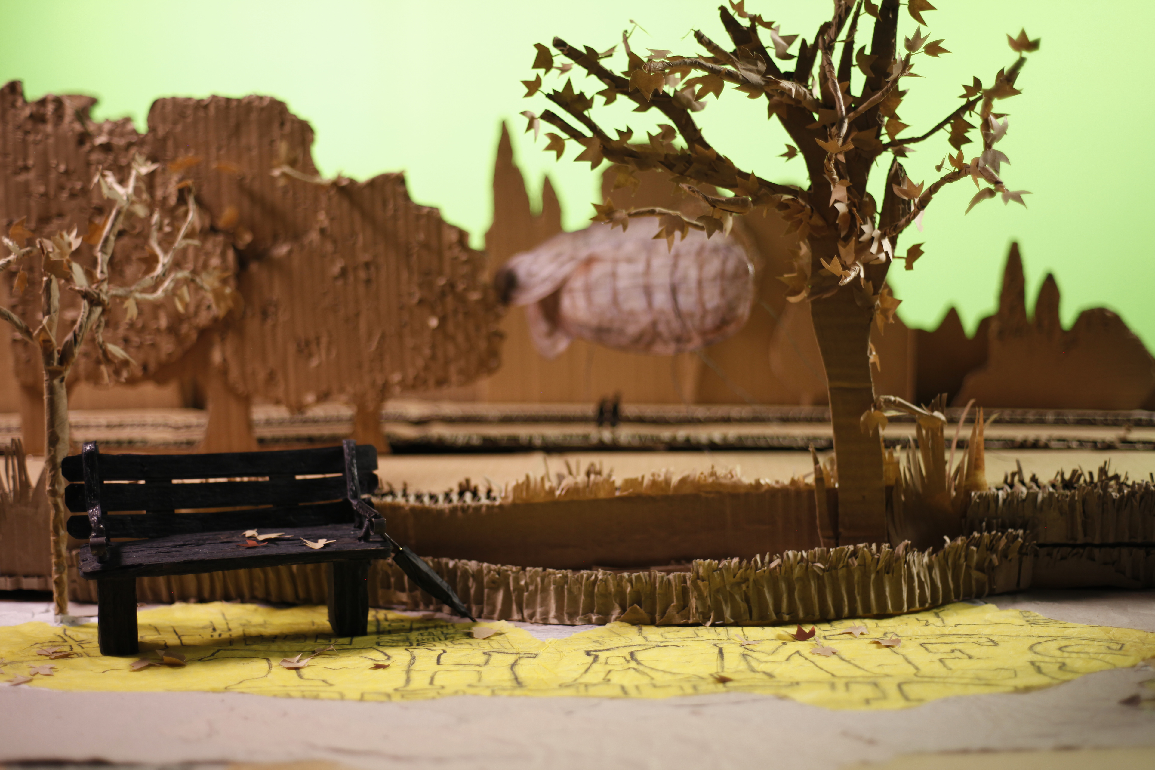 Park design & co-build 'A New Life Tomorrow' cardboard. Barrage balloon: Molly Fuller, Trees: Megan Chell, Harriet Bakewell