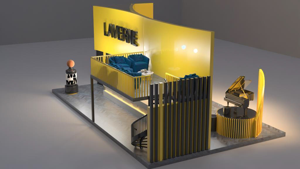 LAVERNE 3D View Right Top – right-top 3D view of the LAVERNE booth, capturing the overall structure and design.