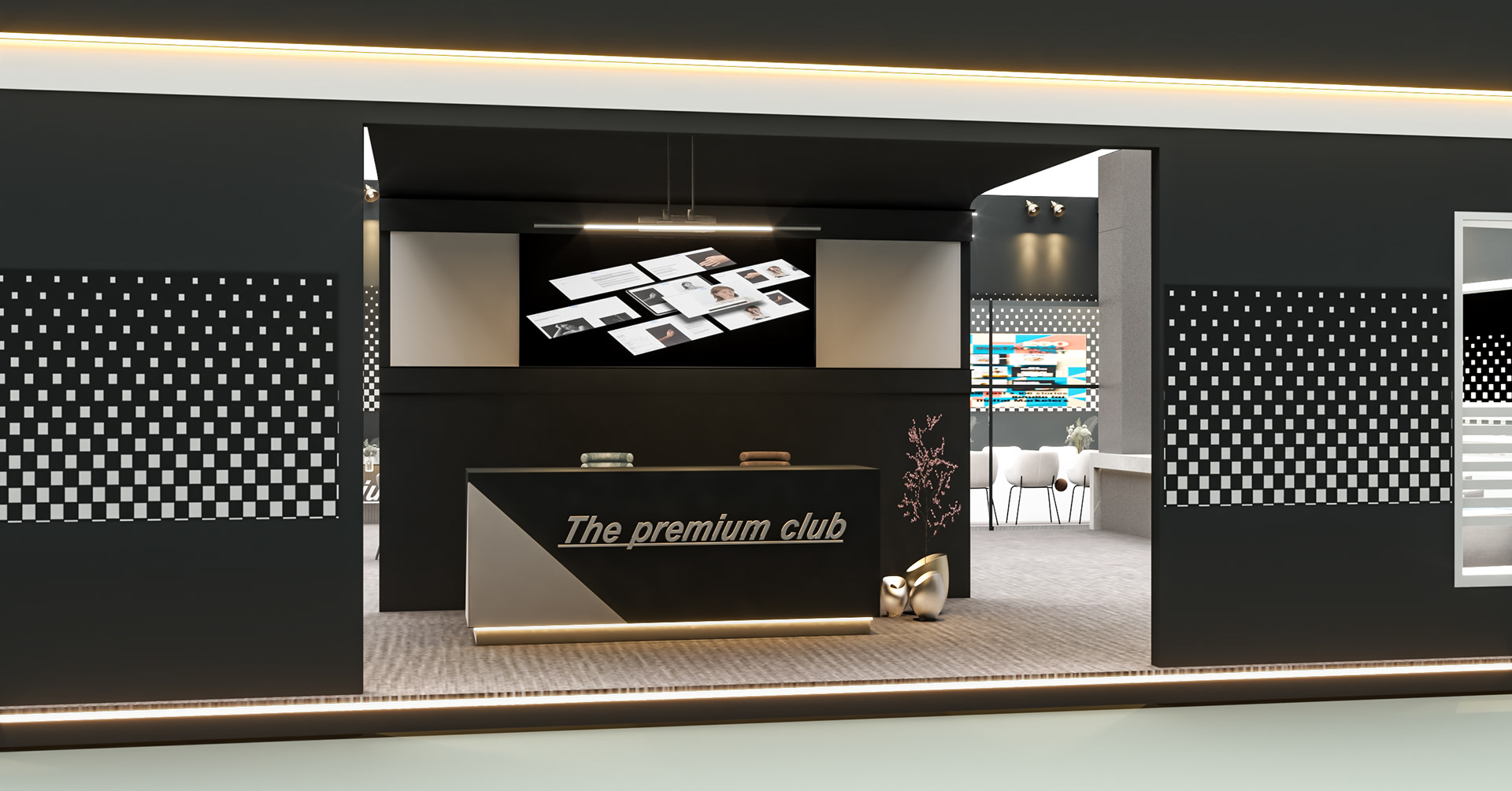المدخل الداخلي لجناح The Premium Club في Intersec - عرض 1 ثلاثي الأبعاد – عرض للمدخل الداخلي لجناح The Premium Club في Intersec مع تفاصيل دقيقة