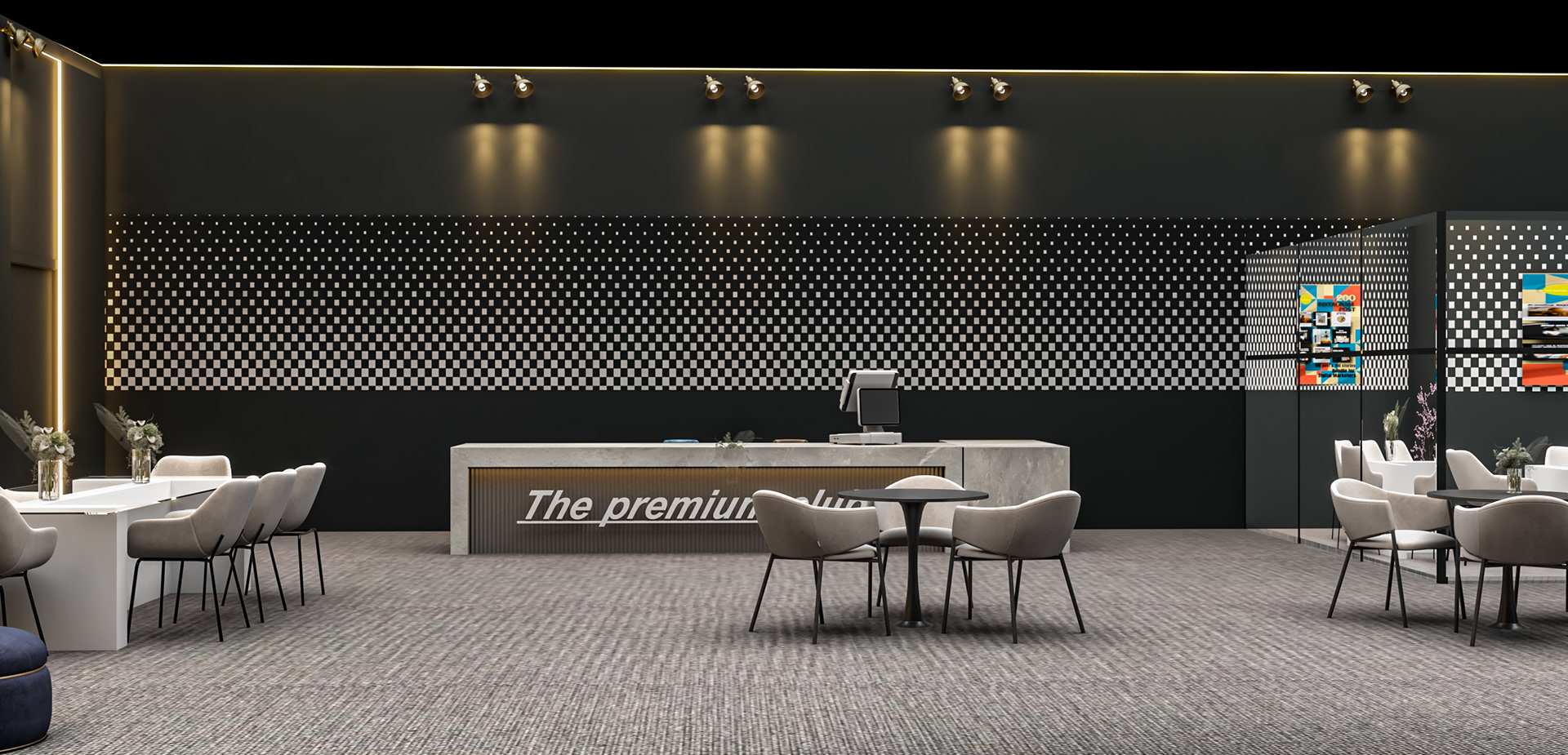 الترتيب الداخلي لجناح The Premium Club في Intersec - عرض 2 ثلاثي الأبعاد – عرض ثانٍ للترتيب الداخلي لجناح The Premium Club في Intersec