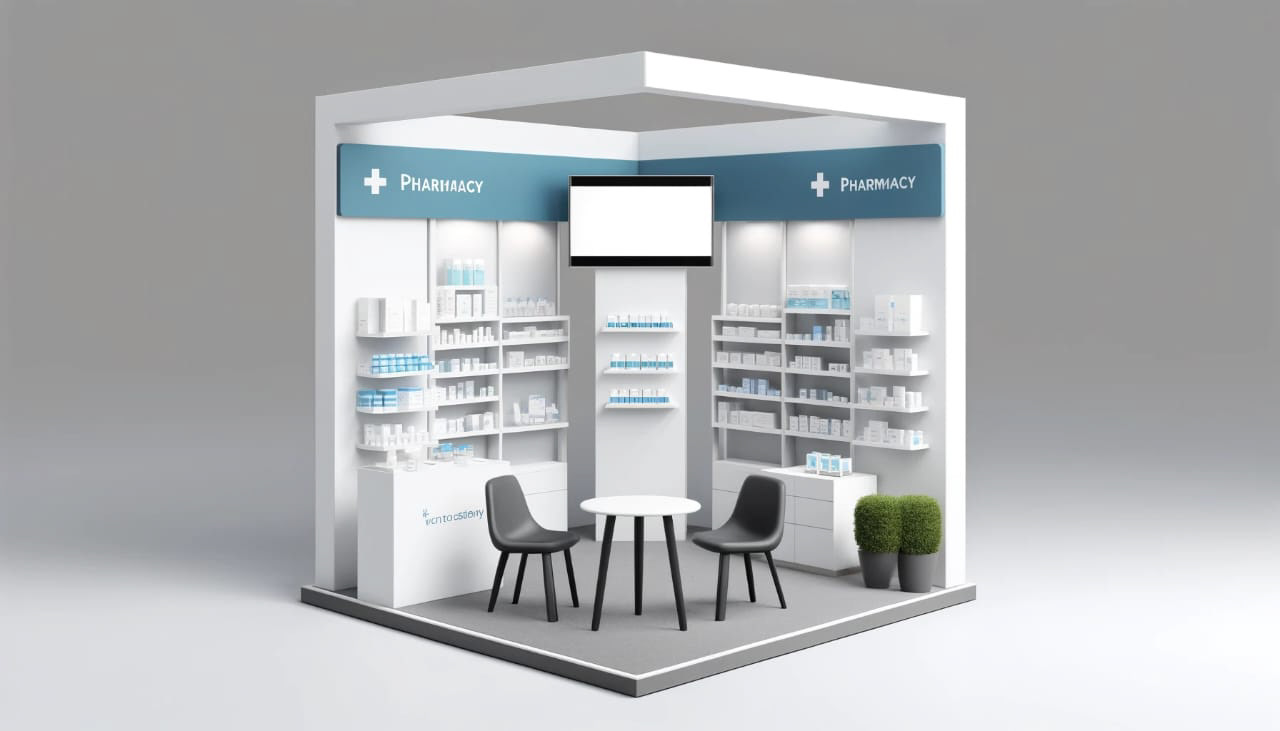 Pharmacy 3D View Version 3 – third 3D view of the Pharmacy booth, displaying unique design features and product displays.