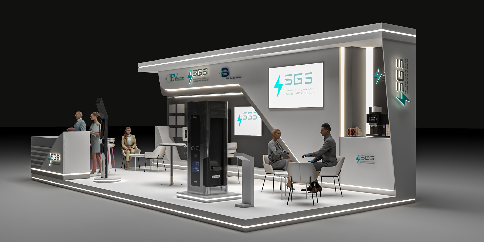 SGC Left – left side view of SGC's booth, emphasizing its sleek and modern design.