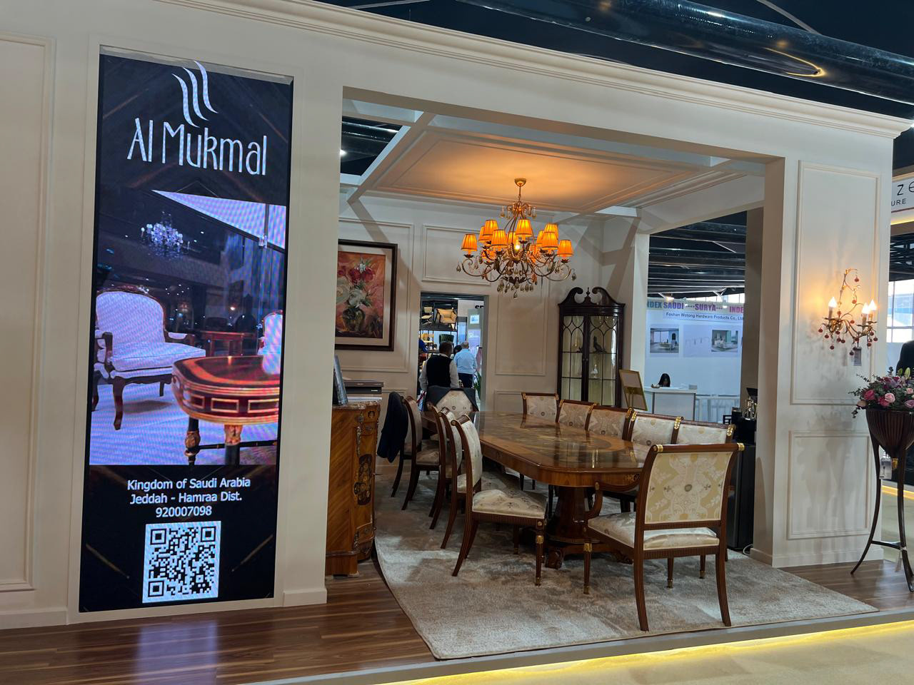 Front view of the Al Mukmal booth, showcasing a modern and attractive design reflecting innovation in events.