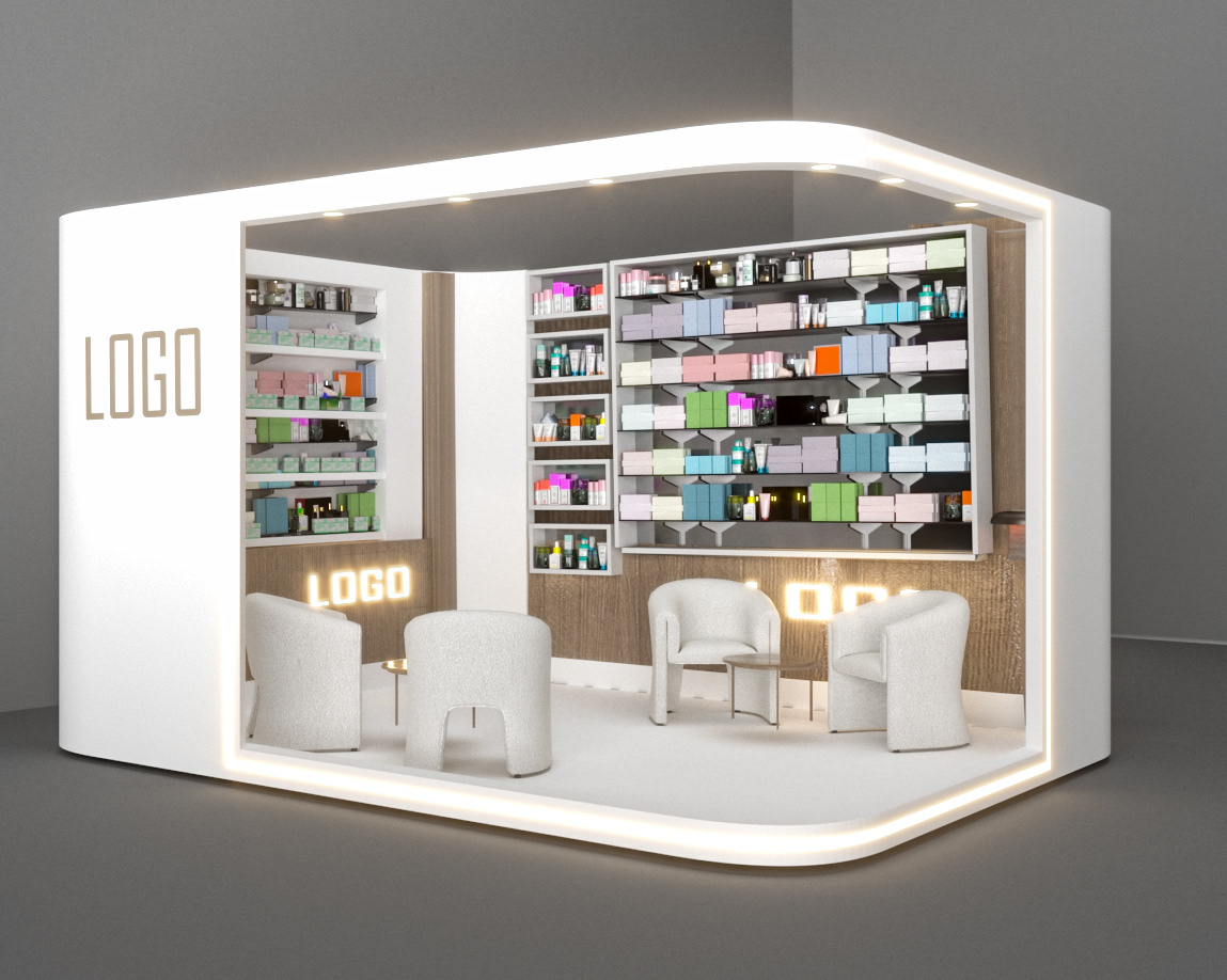 Pharmacy 3D Design Version 1 – a detailed 3D design version of the Pharmacy booth, focusing on innovative layout and product display.
