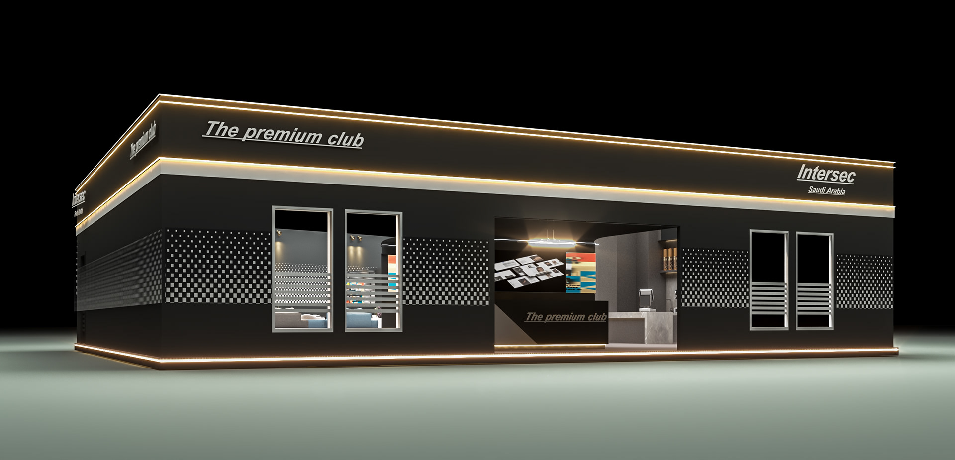عرض ثلاثي الأبعاد للجانب الأيسر لجناح The Premium Club في Intersec – عرض الجناح من الجهة اليسرى في Intersec، مع تفاصيل دقيقة للتصميم