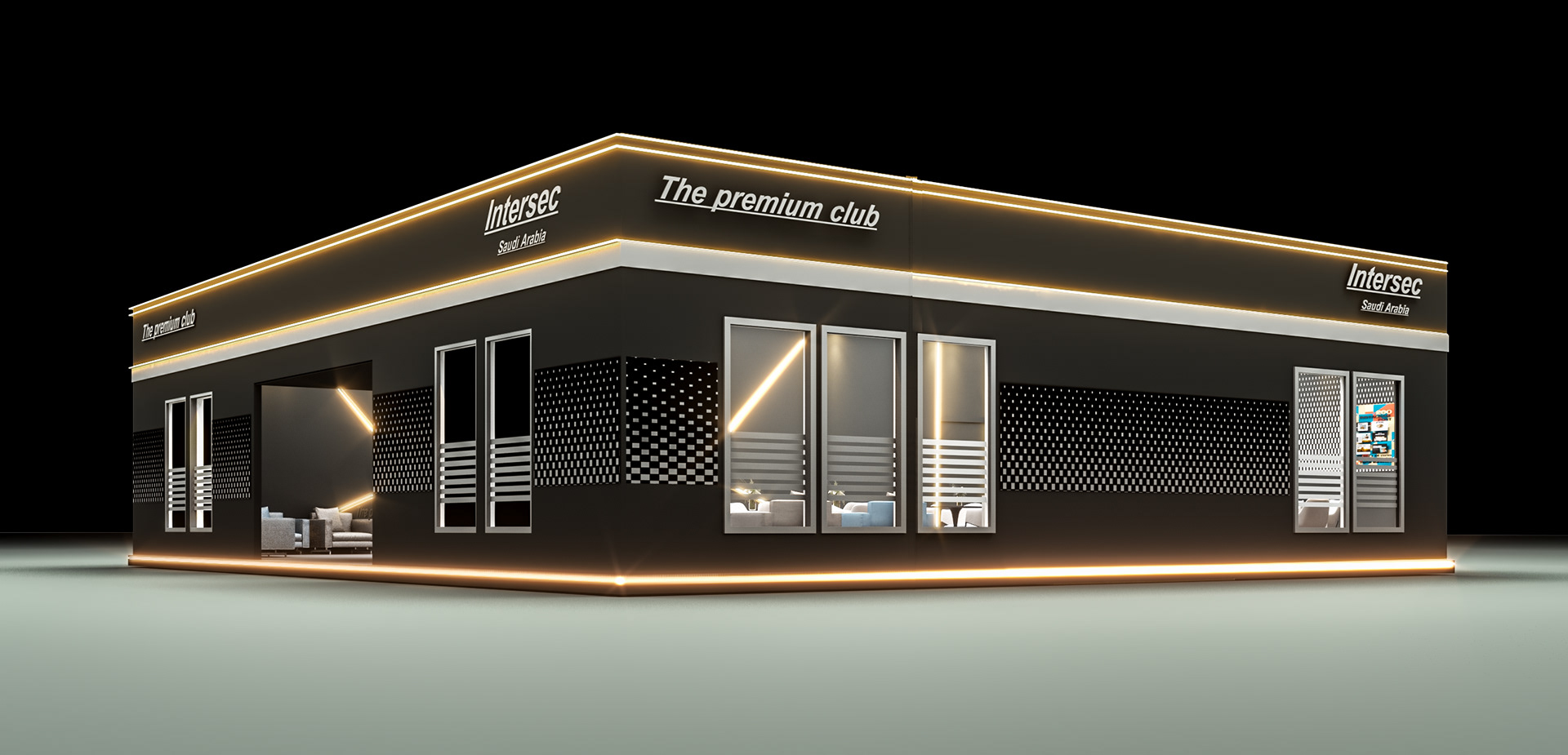 The Premium Club Intersec Right Side 3D View – right side 3D view of The Premium Club booth at Intersec, highlighting key design features.
