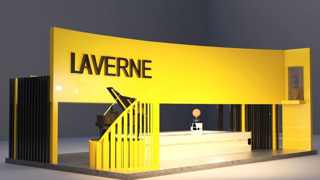 3D visual of LAVERNE live booth on the left side, featuring cutting-edge designs and an immersive experience for event attendees.