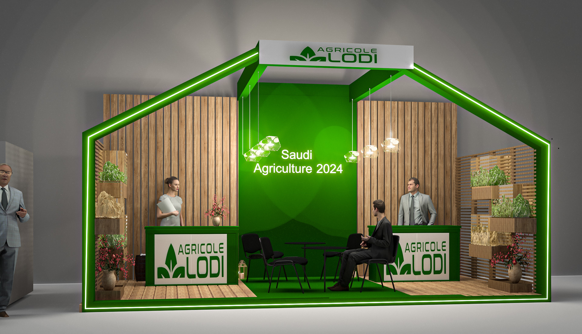Saudi Agriculture 3D Design Version 2 Left Side – focusing on the left side of Saudi Agriculture's booth, emphasizing unique design elements.