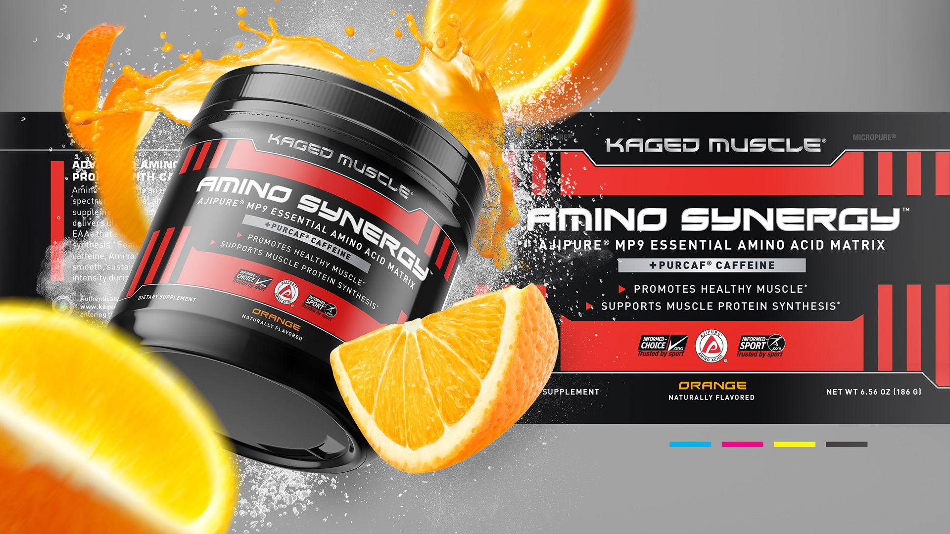 Supplement package flies through the air with orange slices. Supplement label in background.