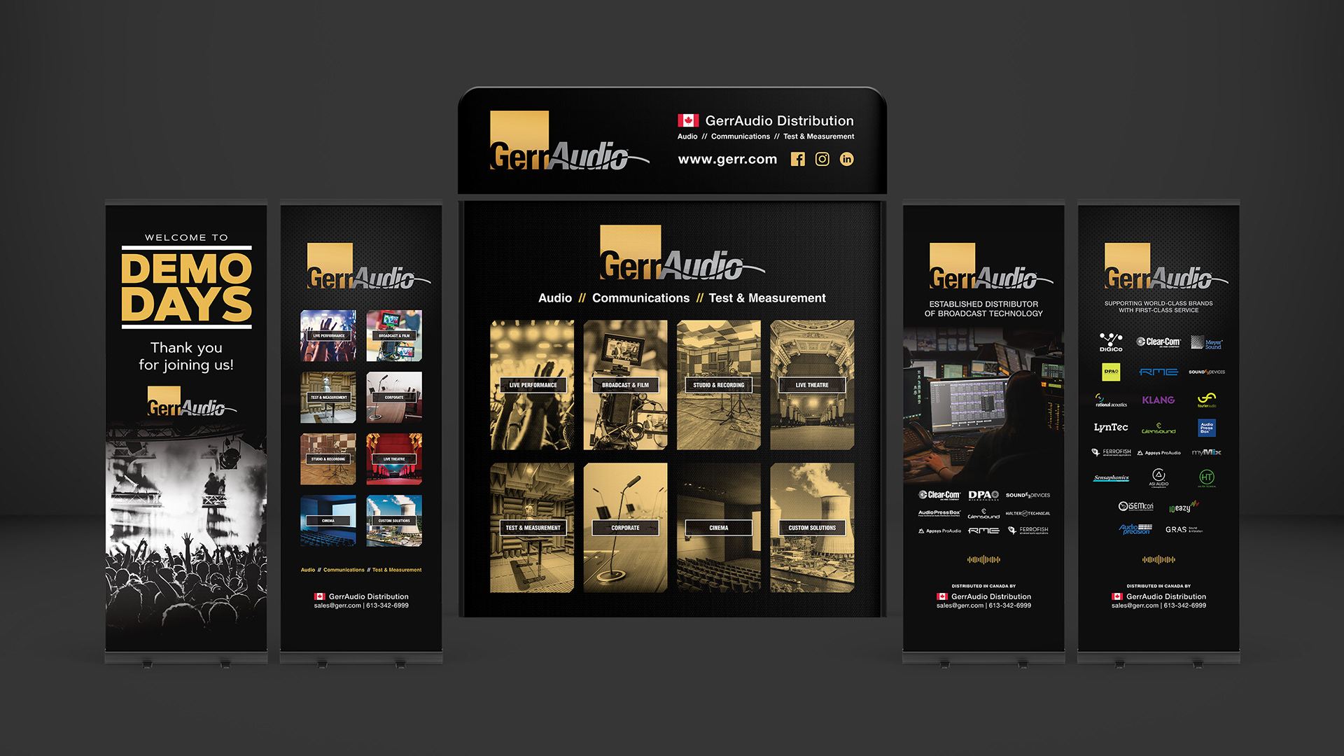 3D mockups of exhibition display banners and walls.