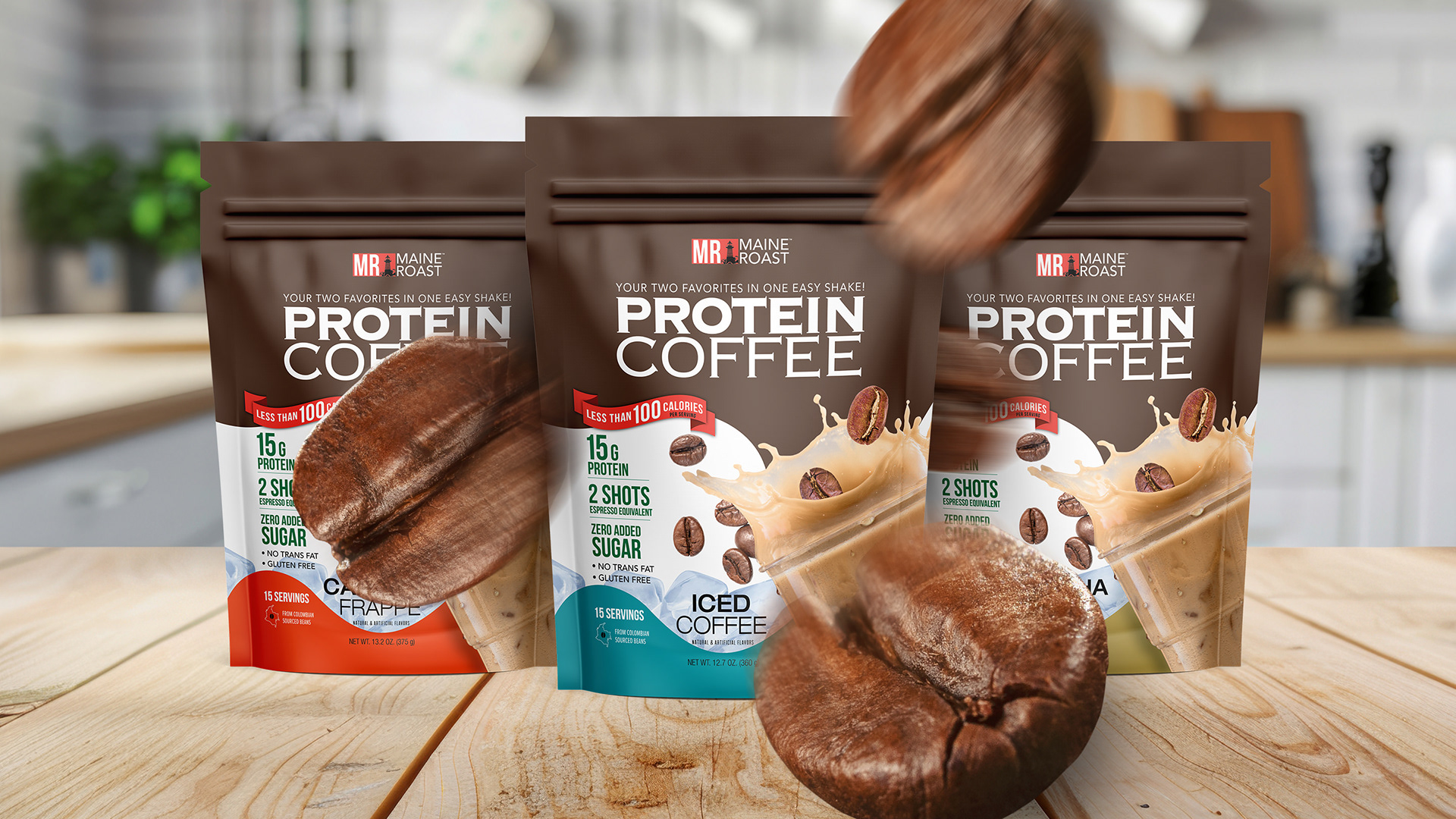 Kitchen counter with Protein Coffee pouch mockups.