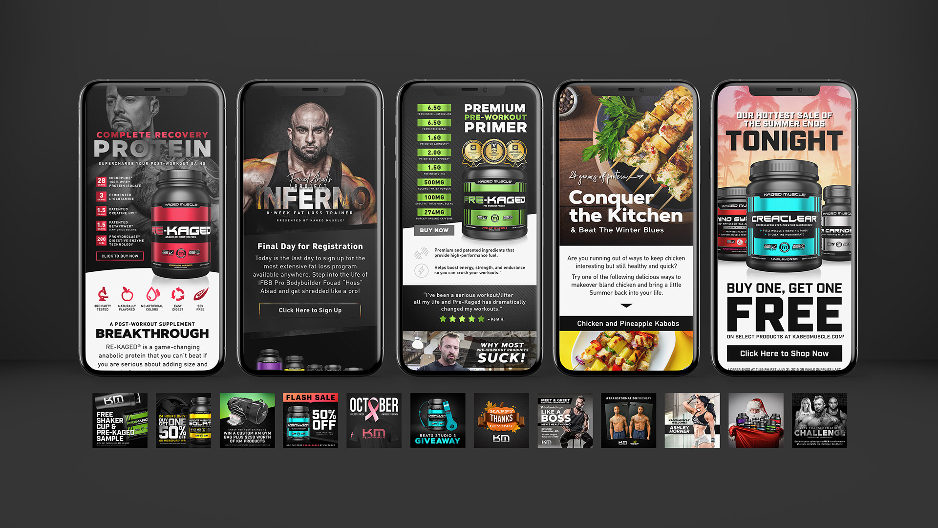Smartphone mockups showing email newsletters. Row of Instagram social media assets.