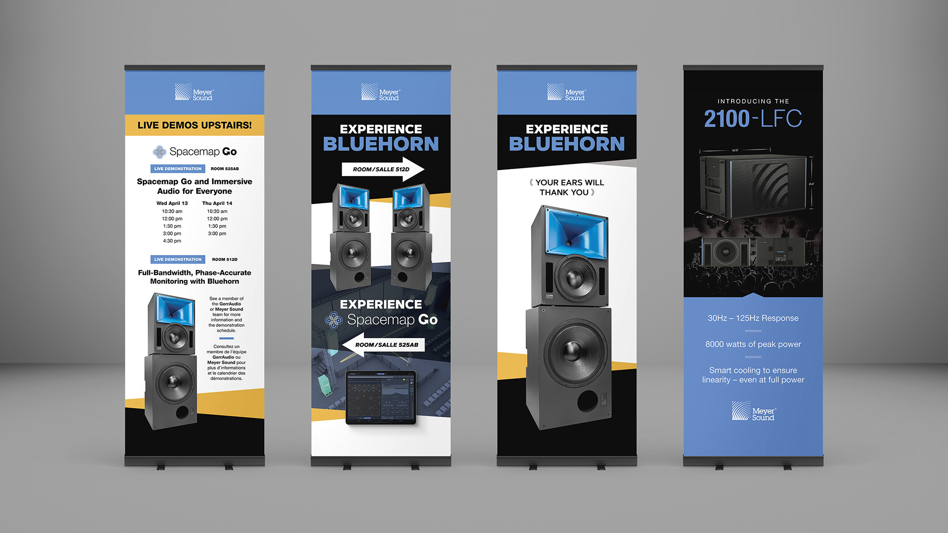 3D mockups of Meyer Sound display banners.