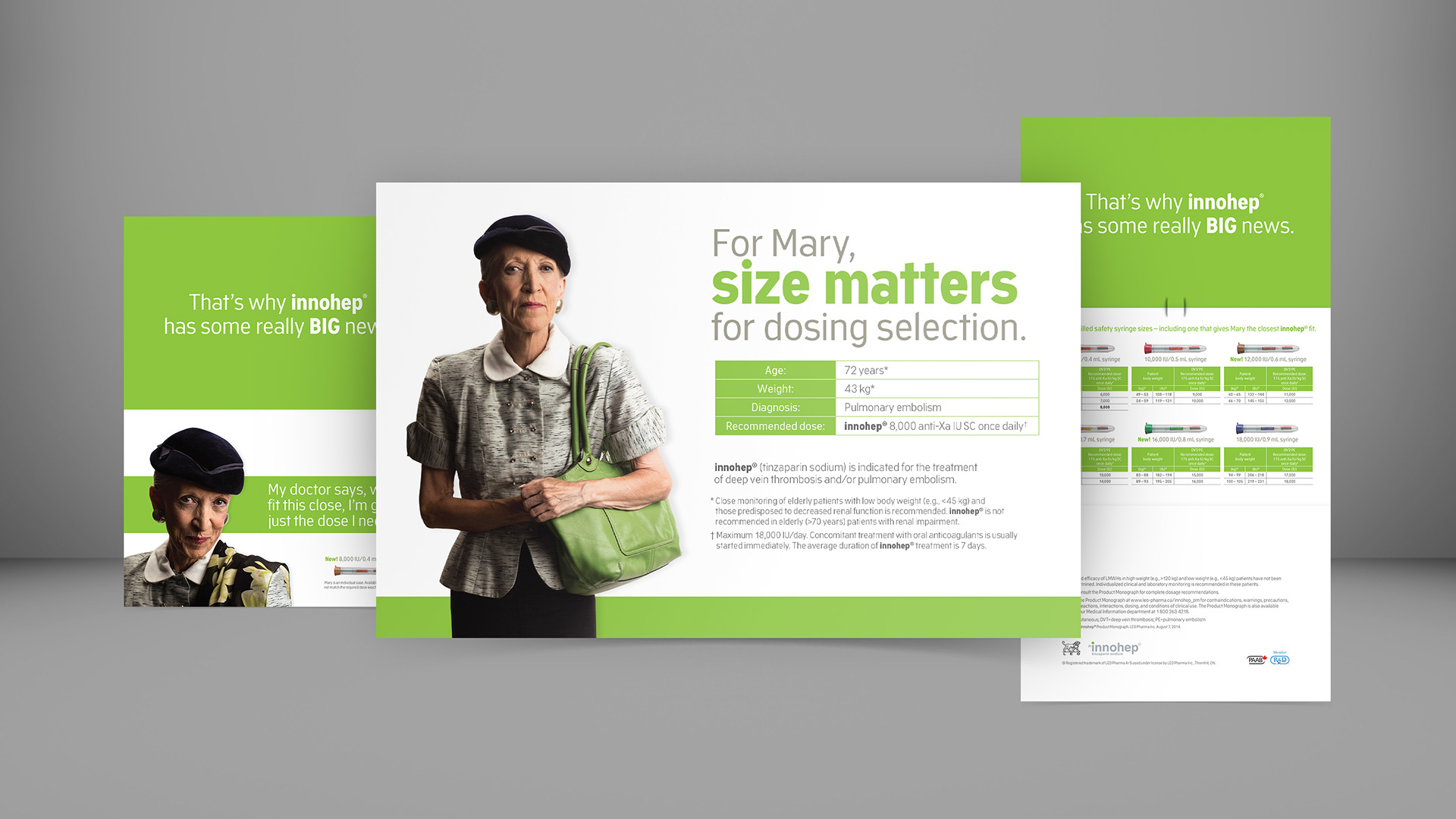 Mockups of a printed direct mailer for a pharmaceutical campaign.