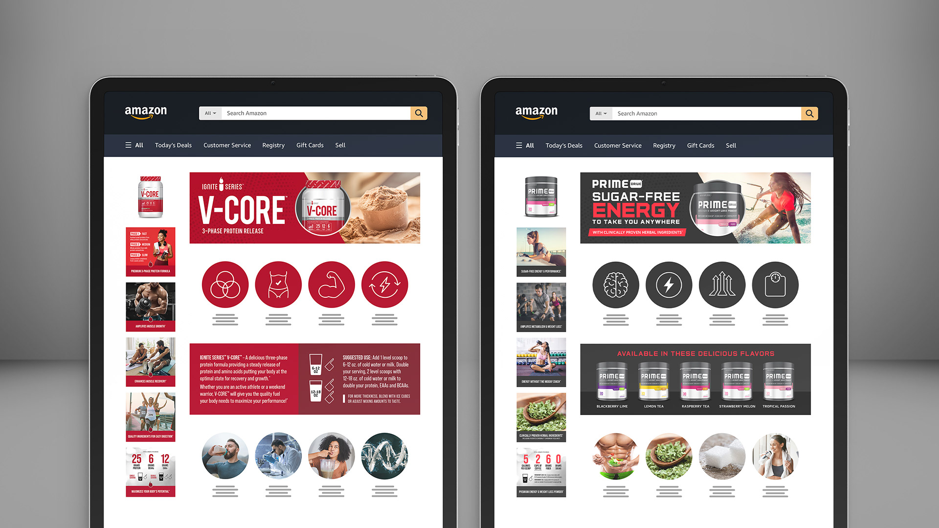 Tablet mockups showing Amazon storefront designs for Ignite Series and Prime Drive brands.