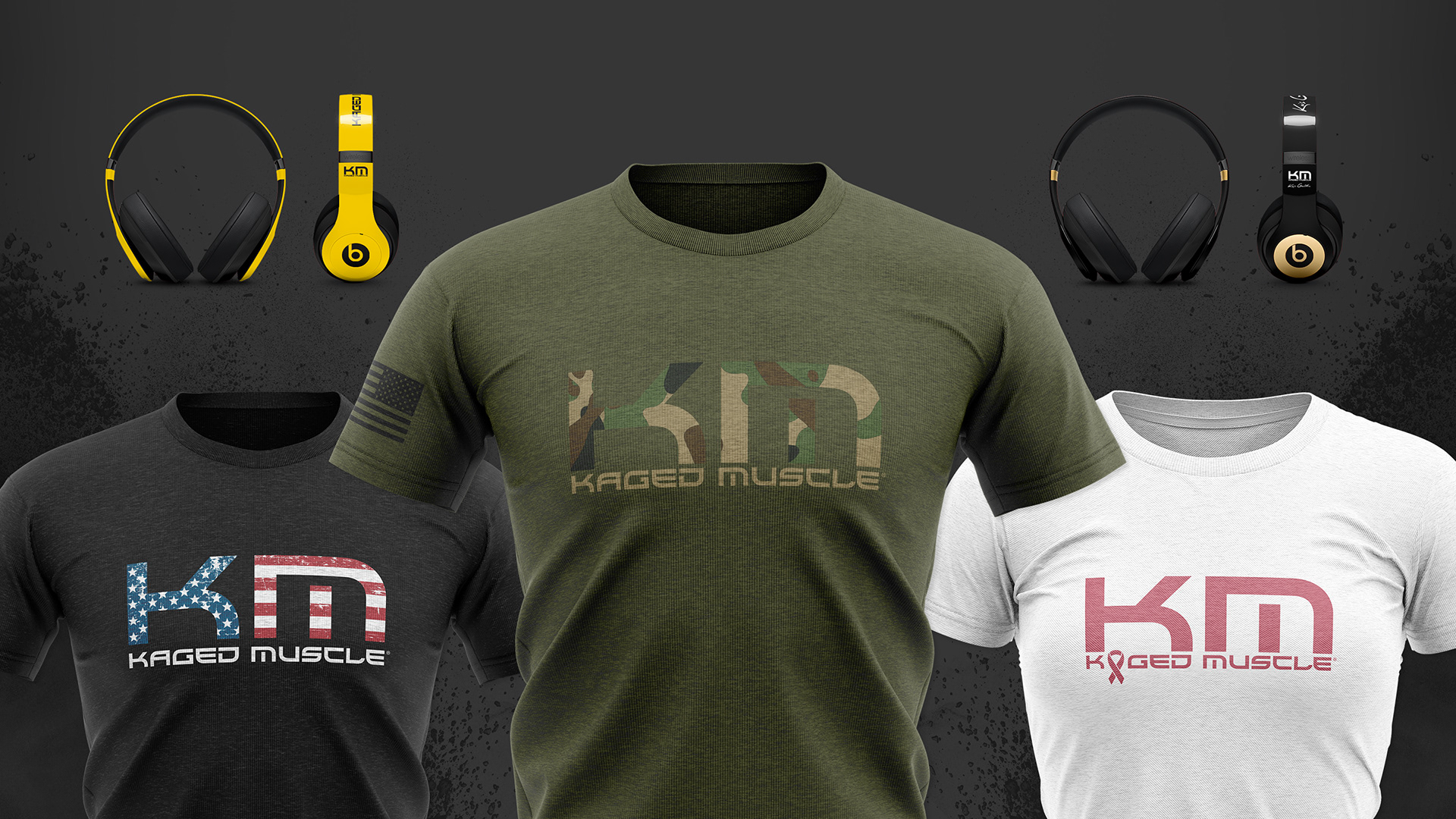 3D mockups of T-shirt designs and Beats headphones.