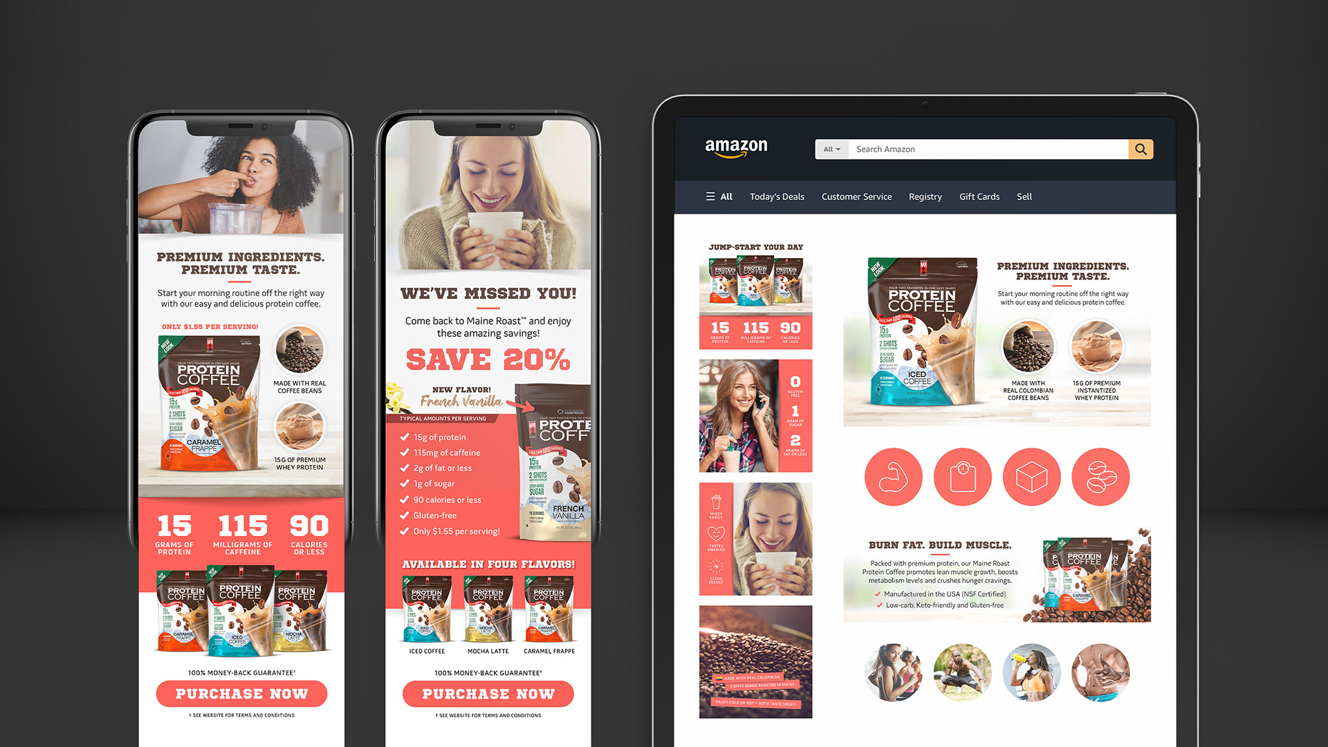 Device mockups showing email designs and Amazon storefront designs.