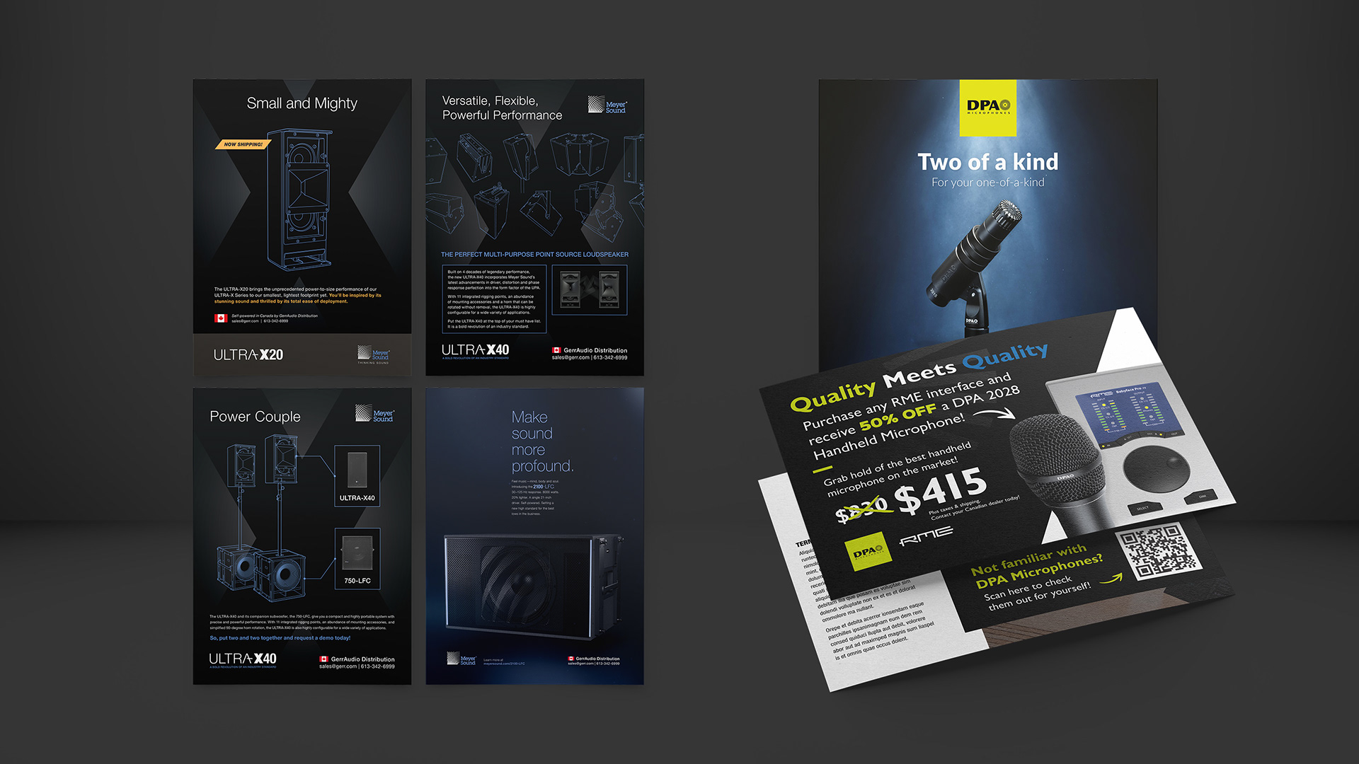 Mockups of various print magazine advertisements and direct mail postcards.