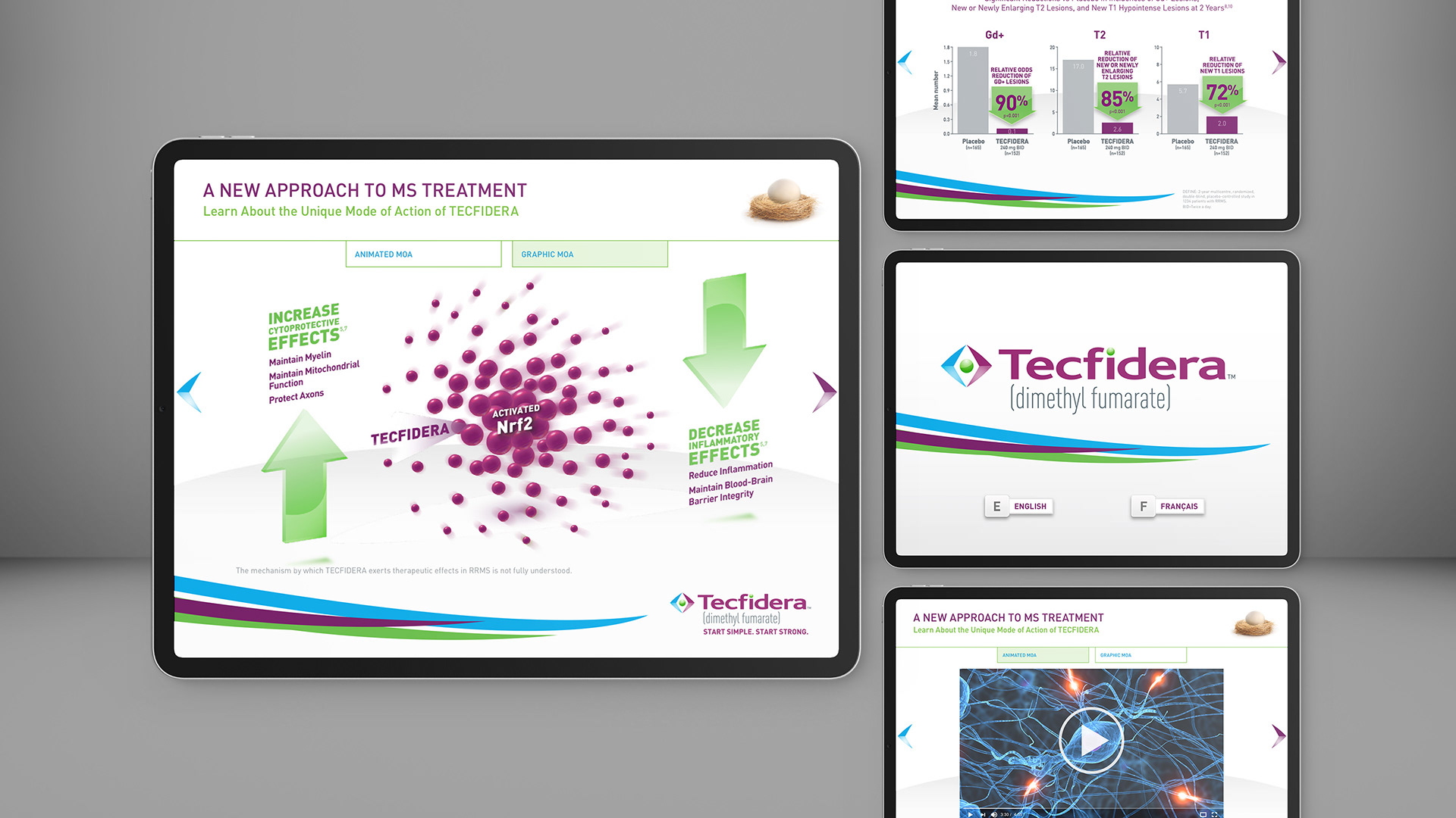 Mockups of an iPad app showing sample screens of pharmaceutical data.