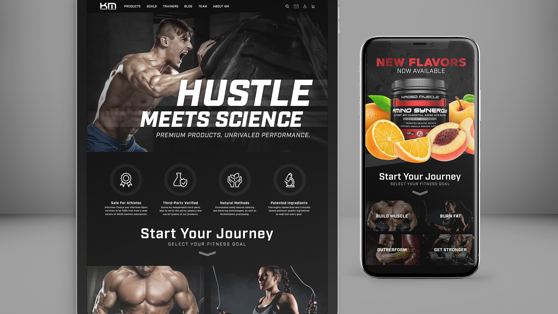 Tablet and smartphone mockups showing Kaged Muscle website.