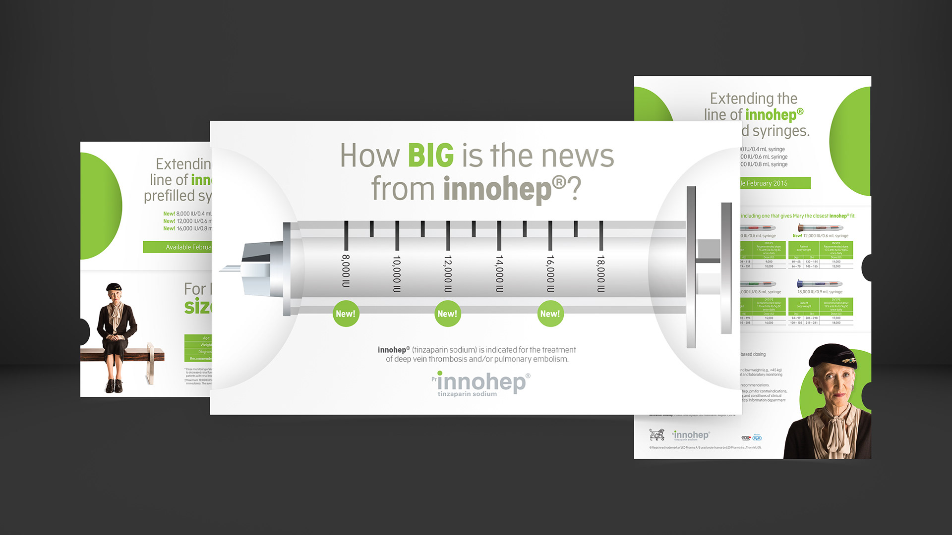 Mockups of a printed direct mailer for a pharmaceutical campaign.