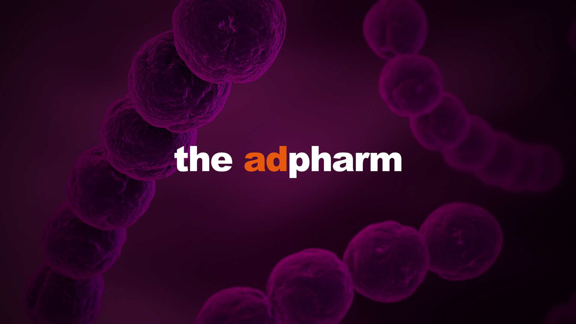 The Adpharm logo on a rendering of a microscopic image.