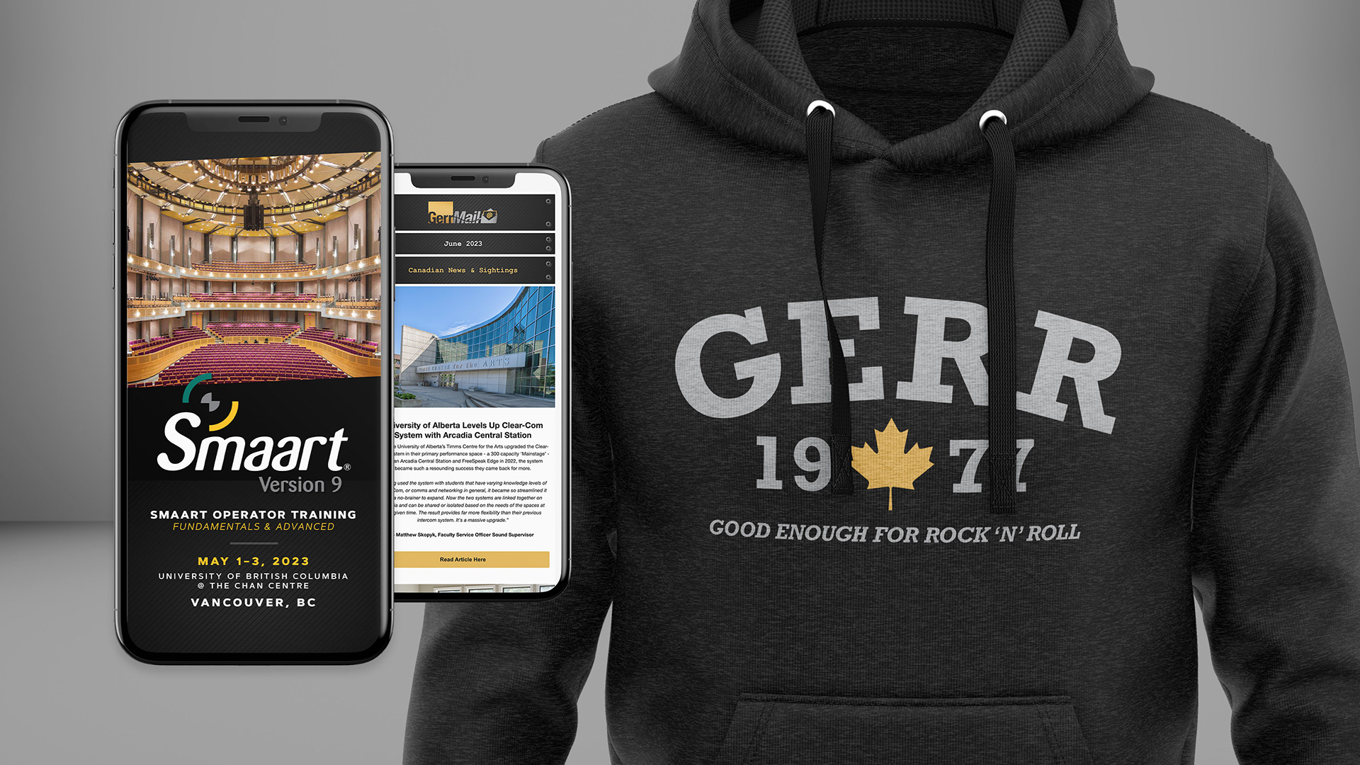 3D mockups showing email newsletter design and apparel production.