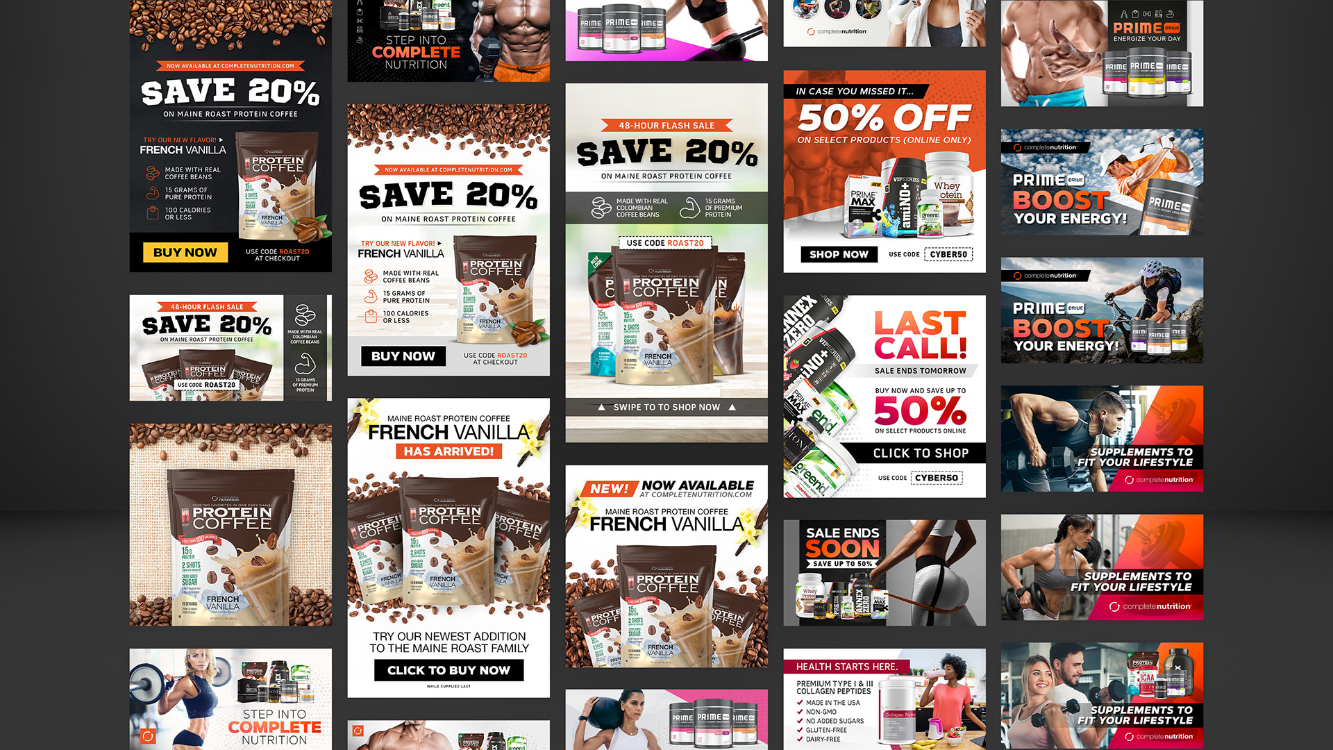 Large gallery of email design and social media advertising.