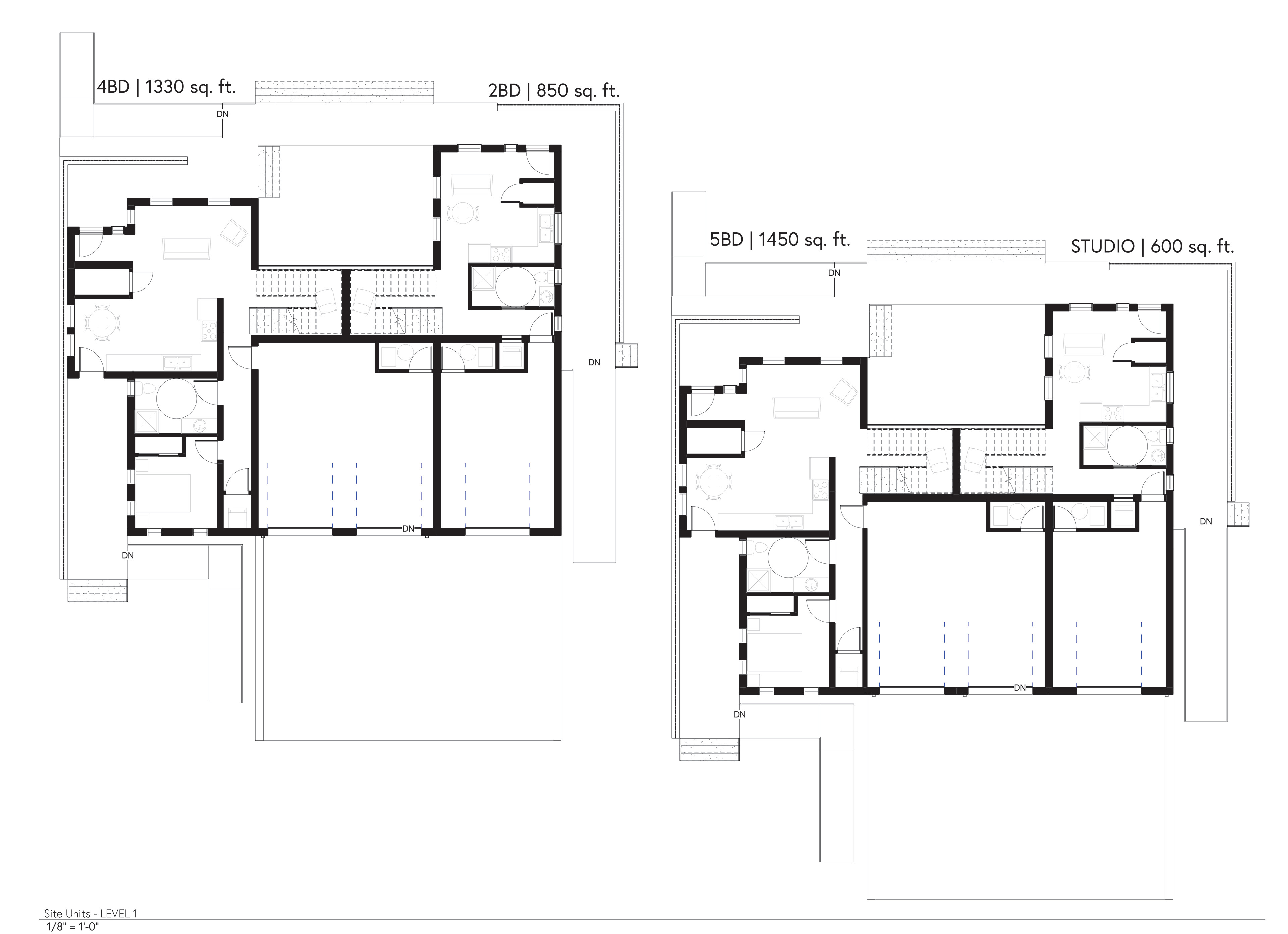 Level 1 floor plan options (drawing and image credit: Marta Jost)