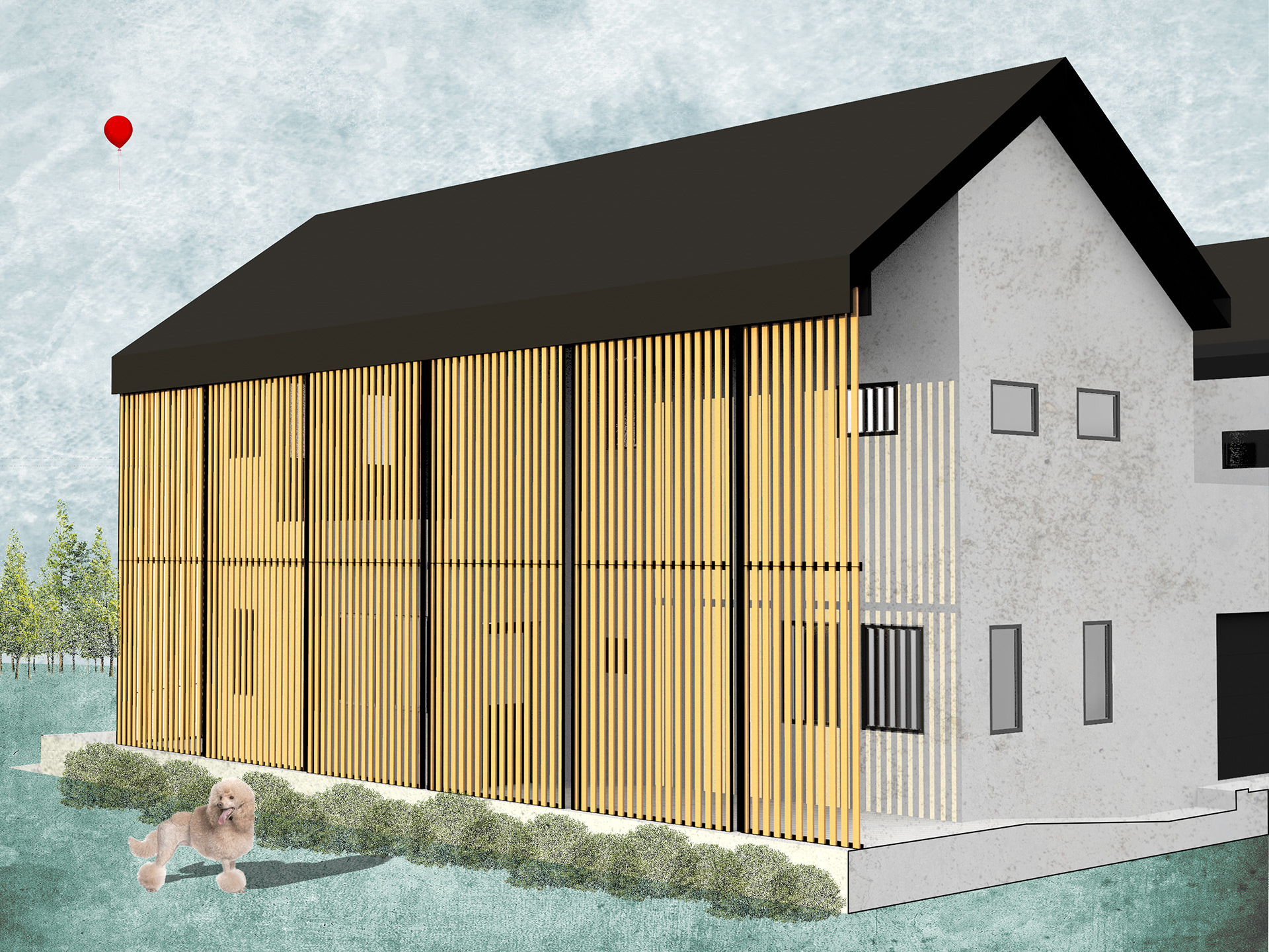 Perspective section illustrating the telescopic shutters in the "closed" position