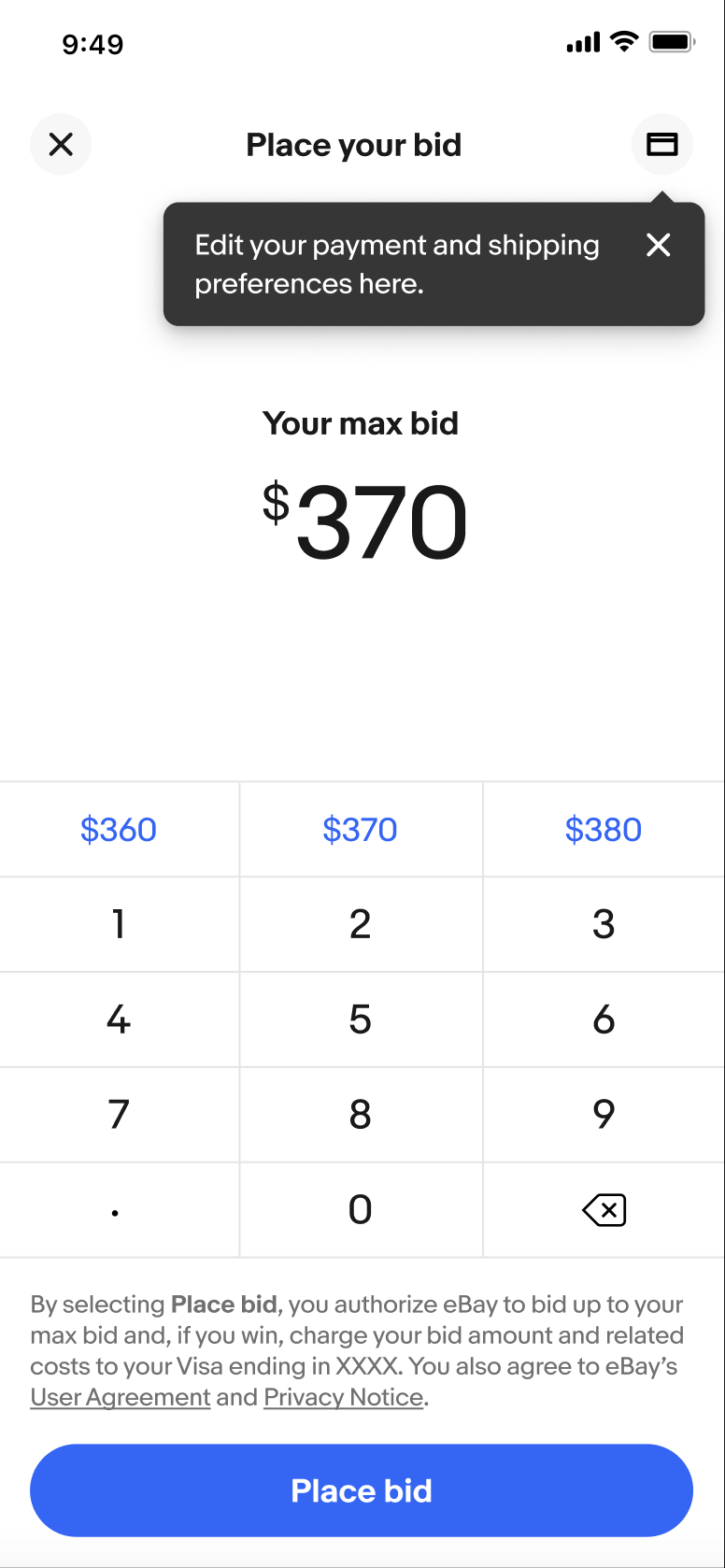 The buyer can modify their payment and shipping details on the place bid screen.
