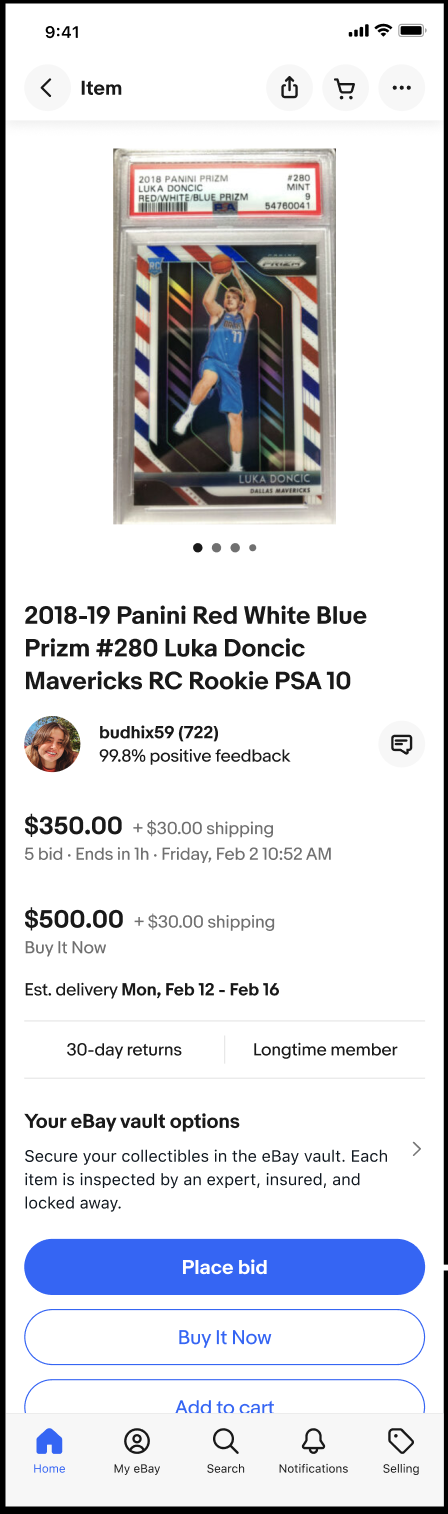 Buyer selects "Place bid" on the "View item" screen