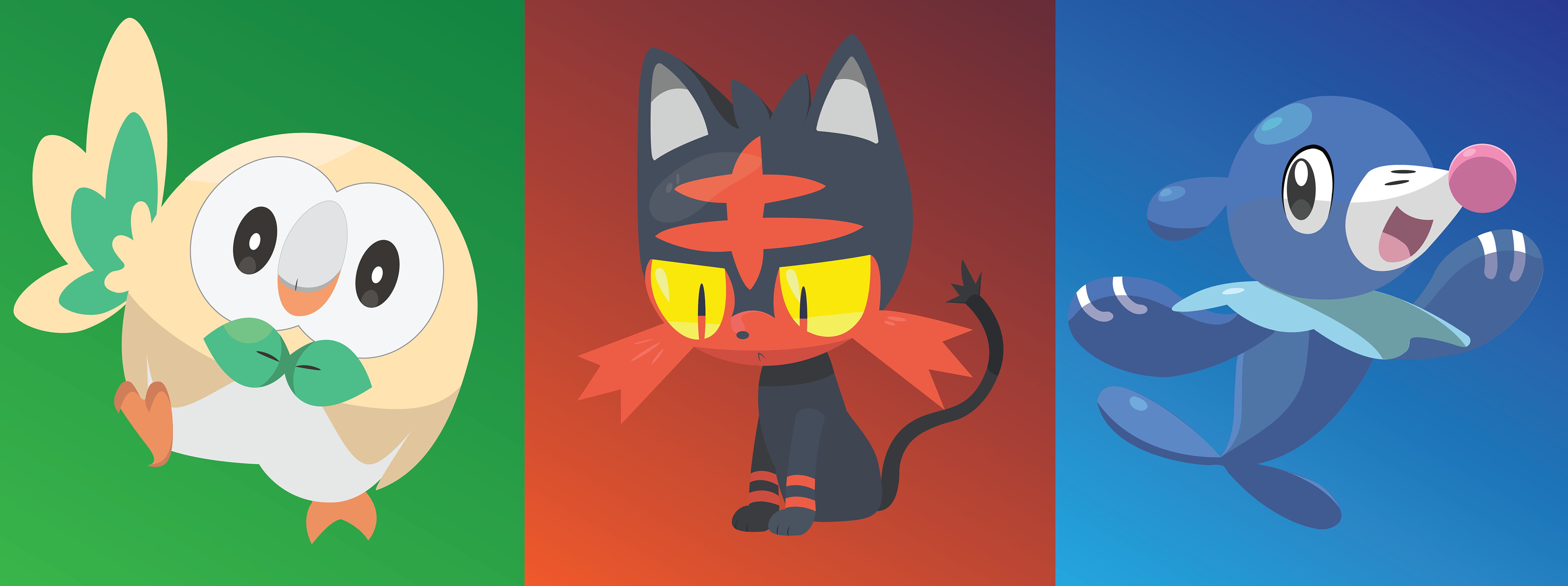 Rowlet, Litten, Popplio. Pokemon Sun and moon starters