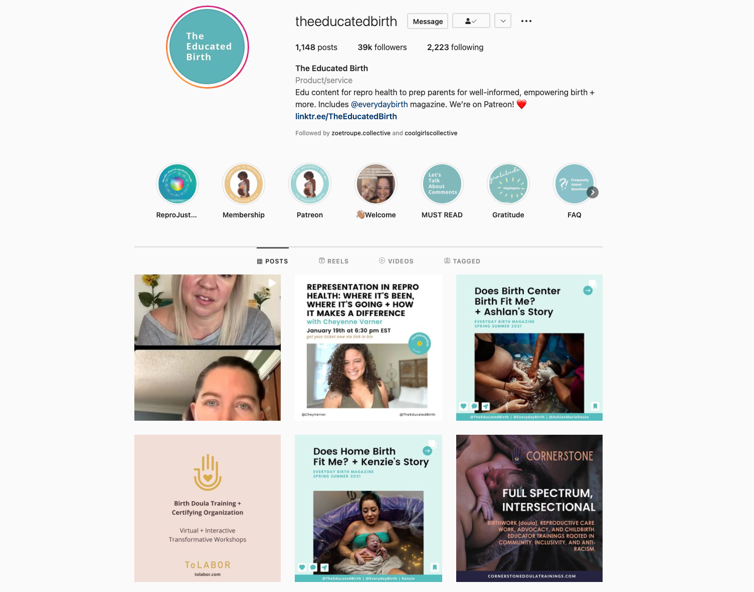 Screenshot of The Educated Birth Instagram feed