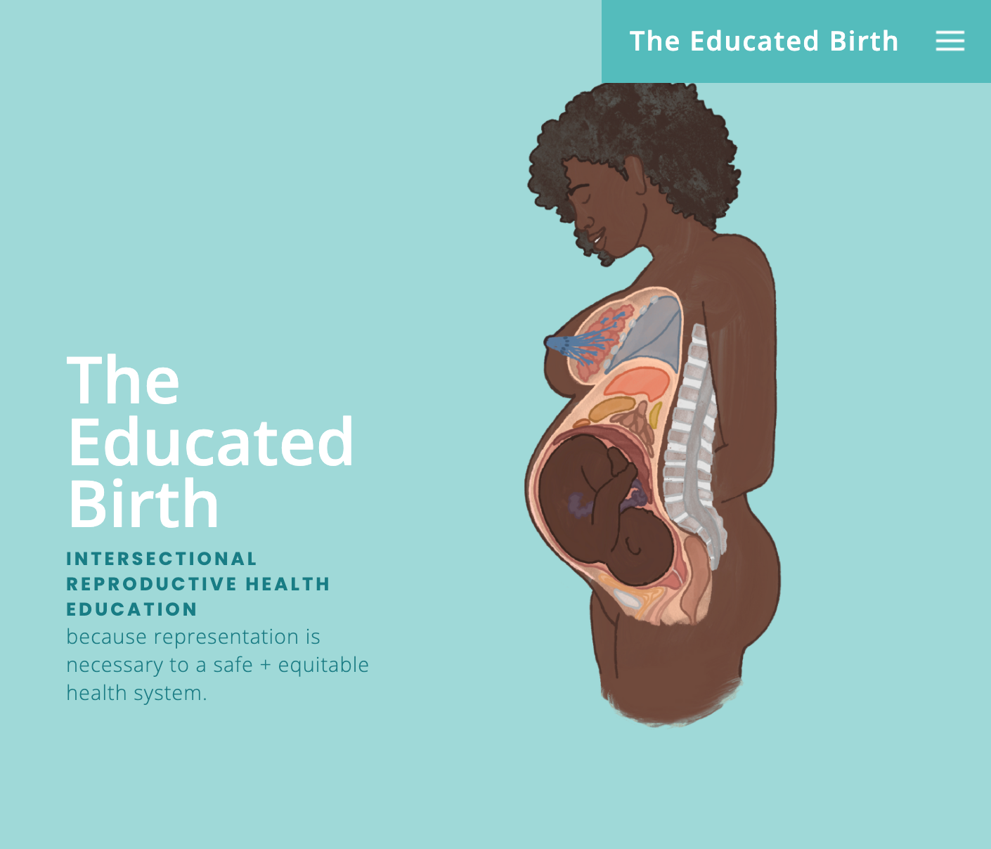 The Educated Birth homepage with illustration of a pregnant person