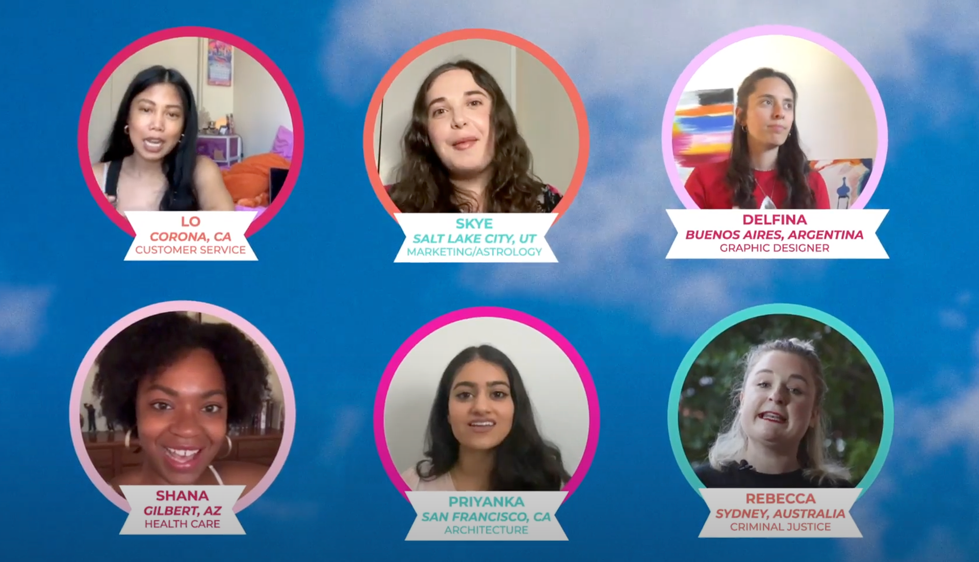 Still from Yoni Circle animated explainer video. Faces of different community members from the Yoni Circle app. They are from around the world with different professions.