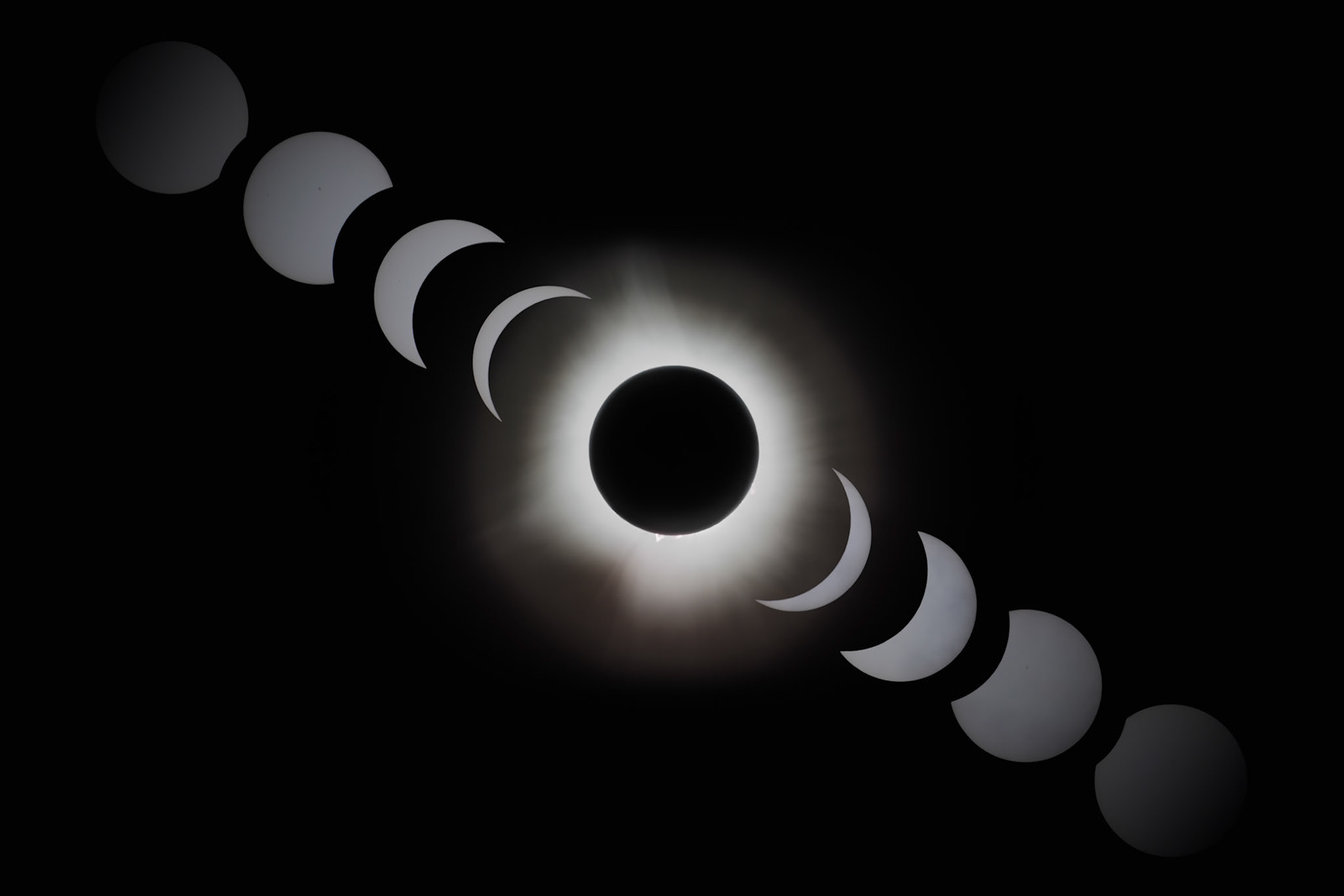 Erie Eclipse 2024, composited with photos taken during C1-C2, Totality, and C3-C4.