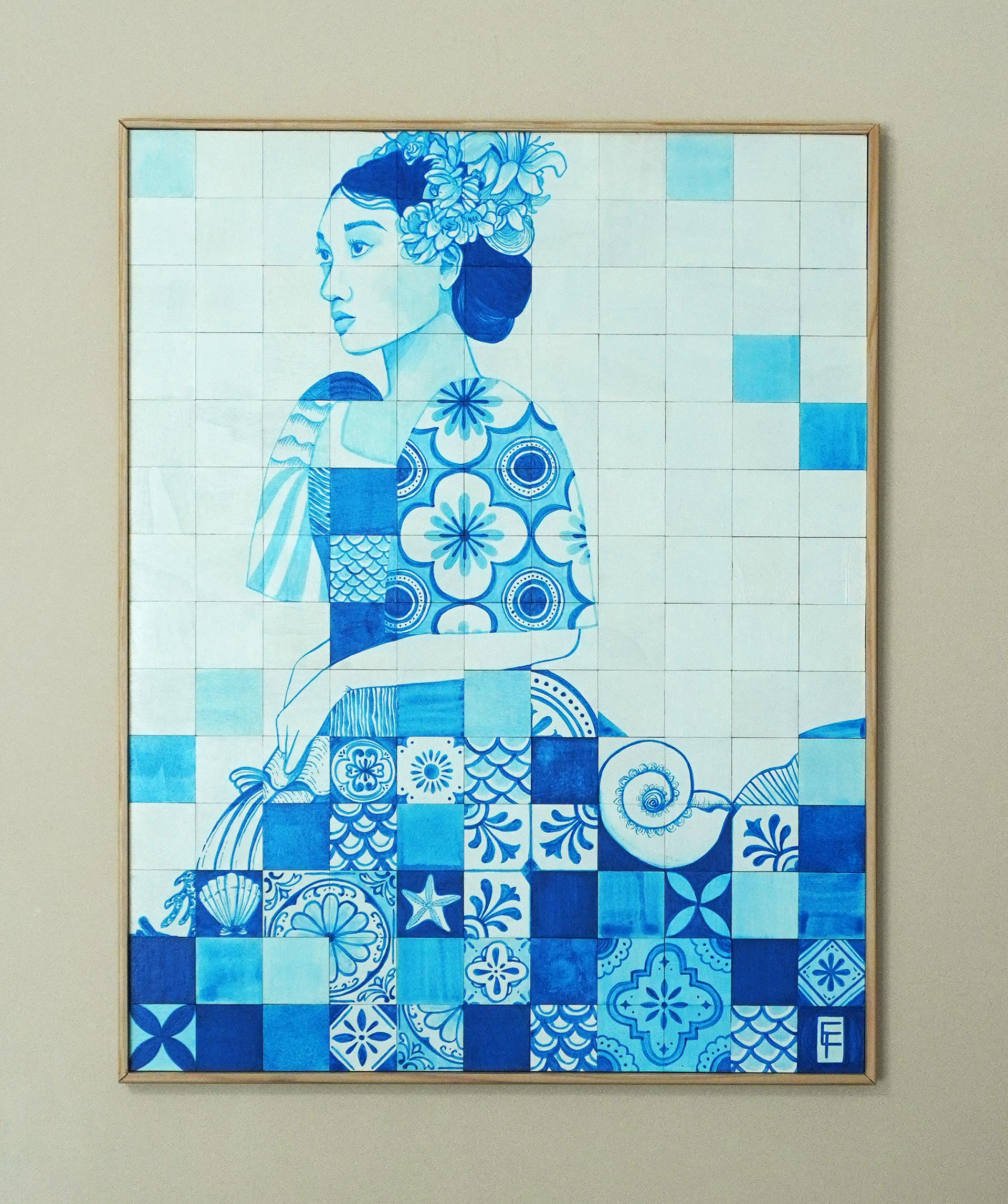 Lady Blue, Acrylic on wooden tiles 2025