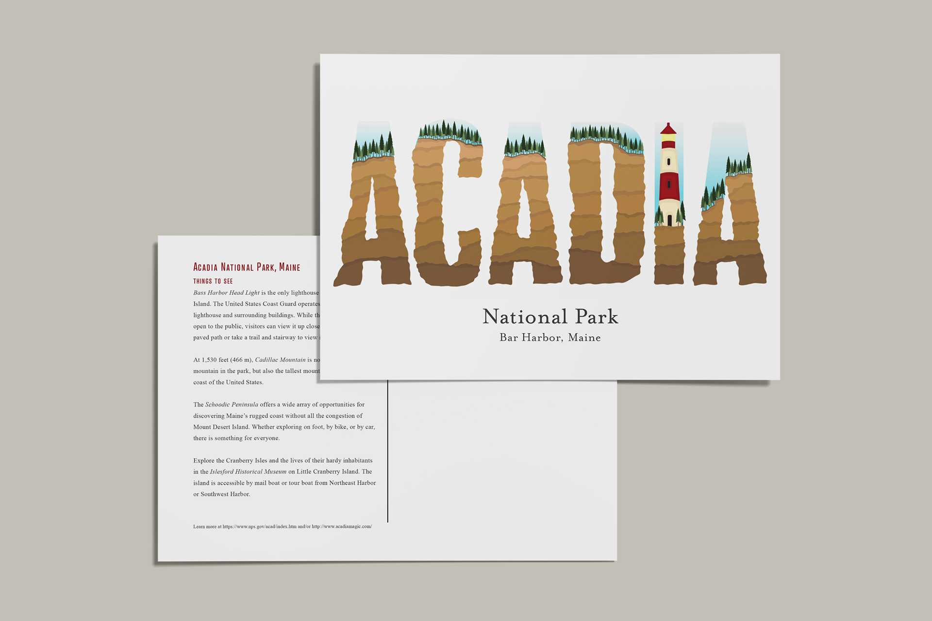 Acadia National Park postcard design, digital illustration & formatiing
