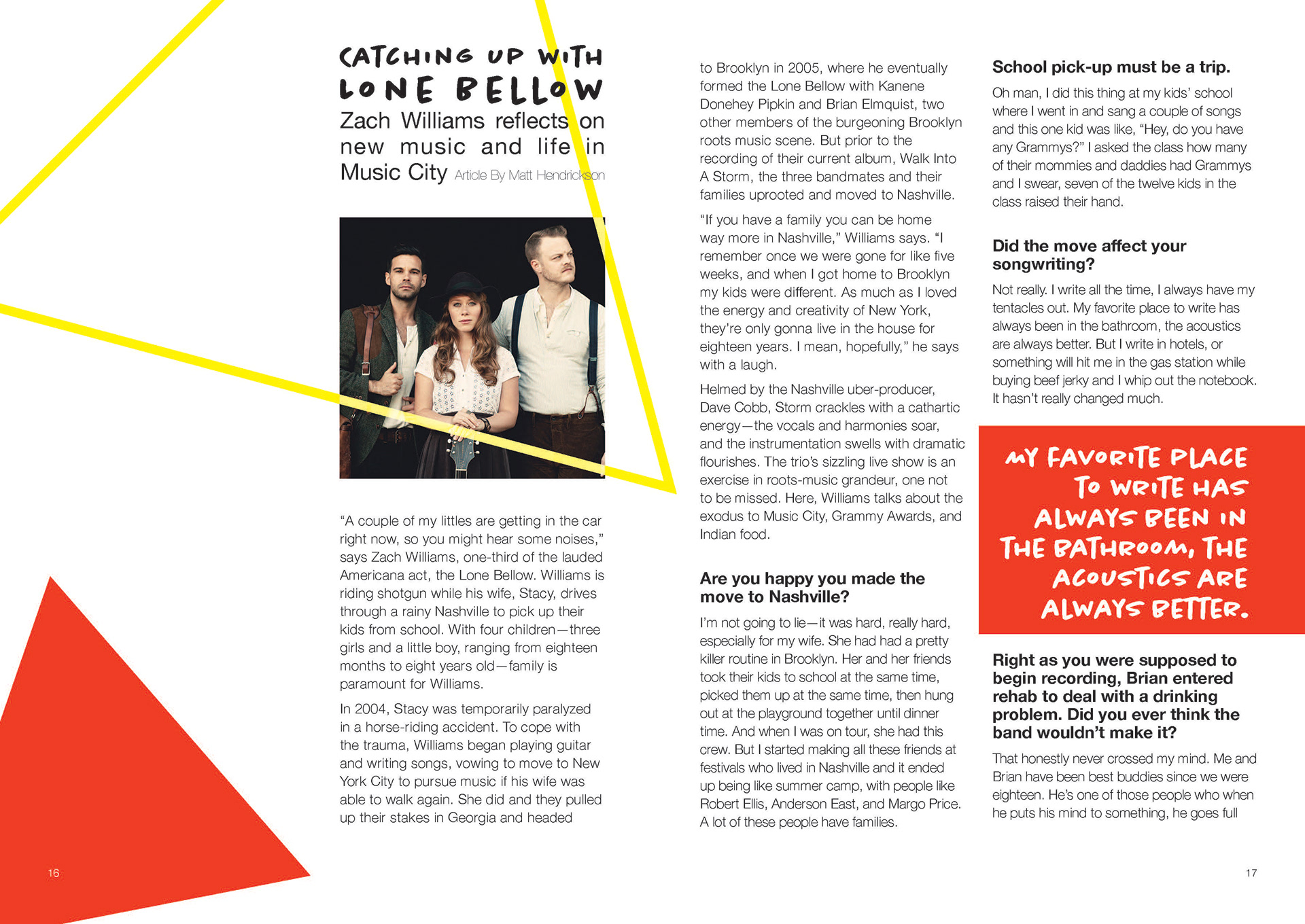 The Lone Bellow article beginning. These pages vary with artist and article length.