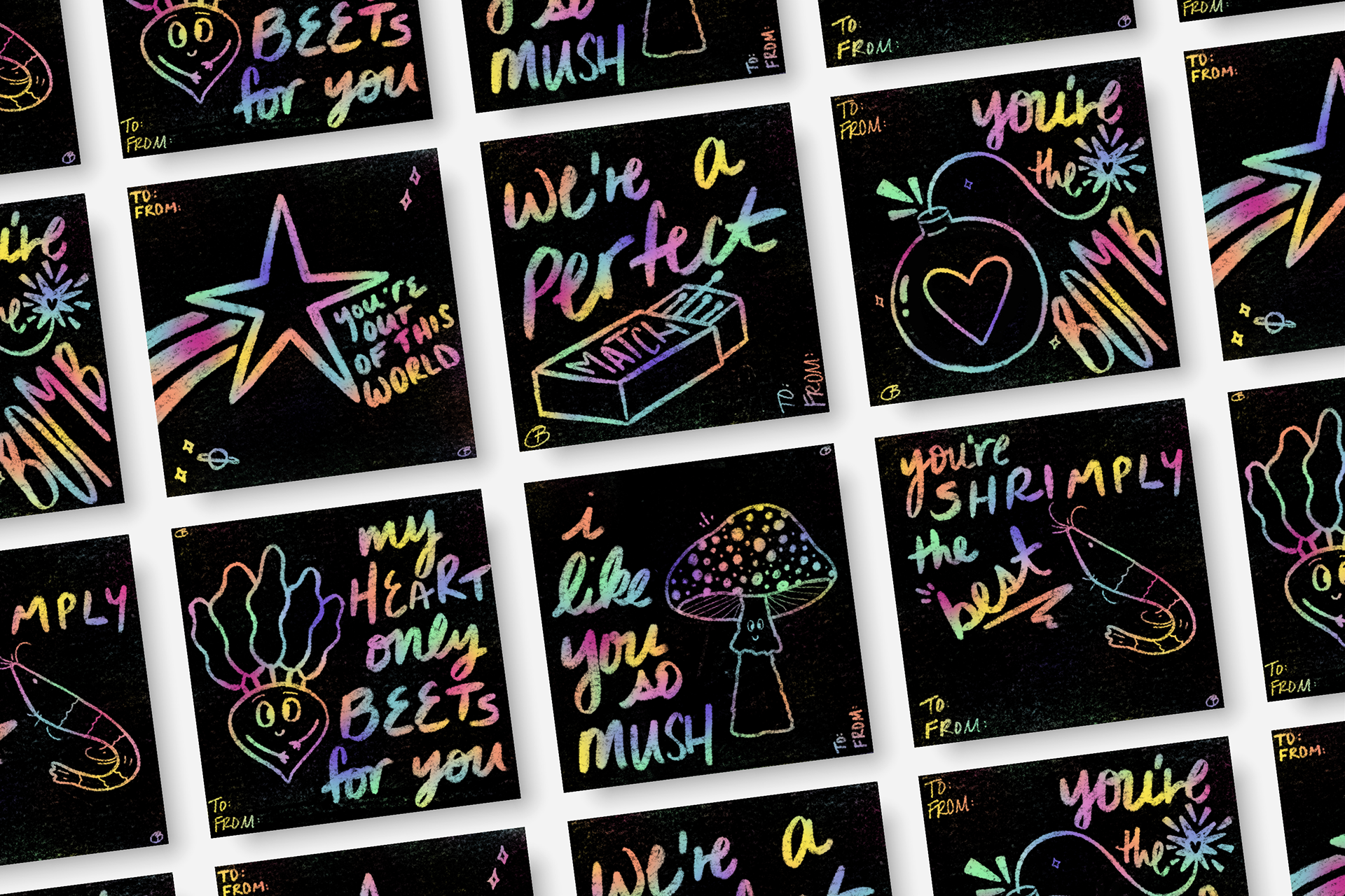 A set of six illustrated valentines, mimicking scratch pads from the 90s