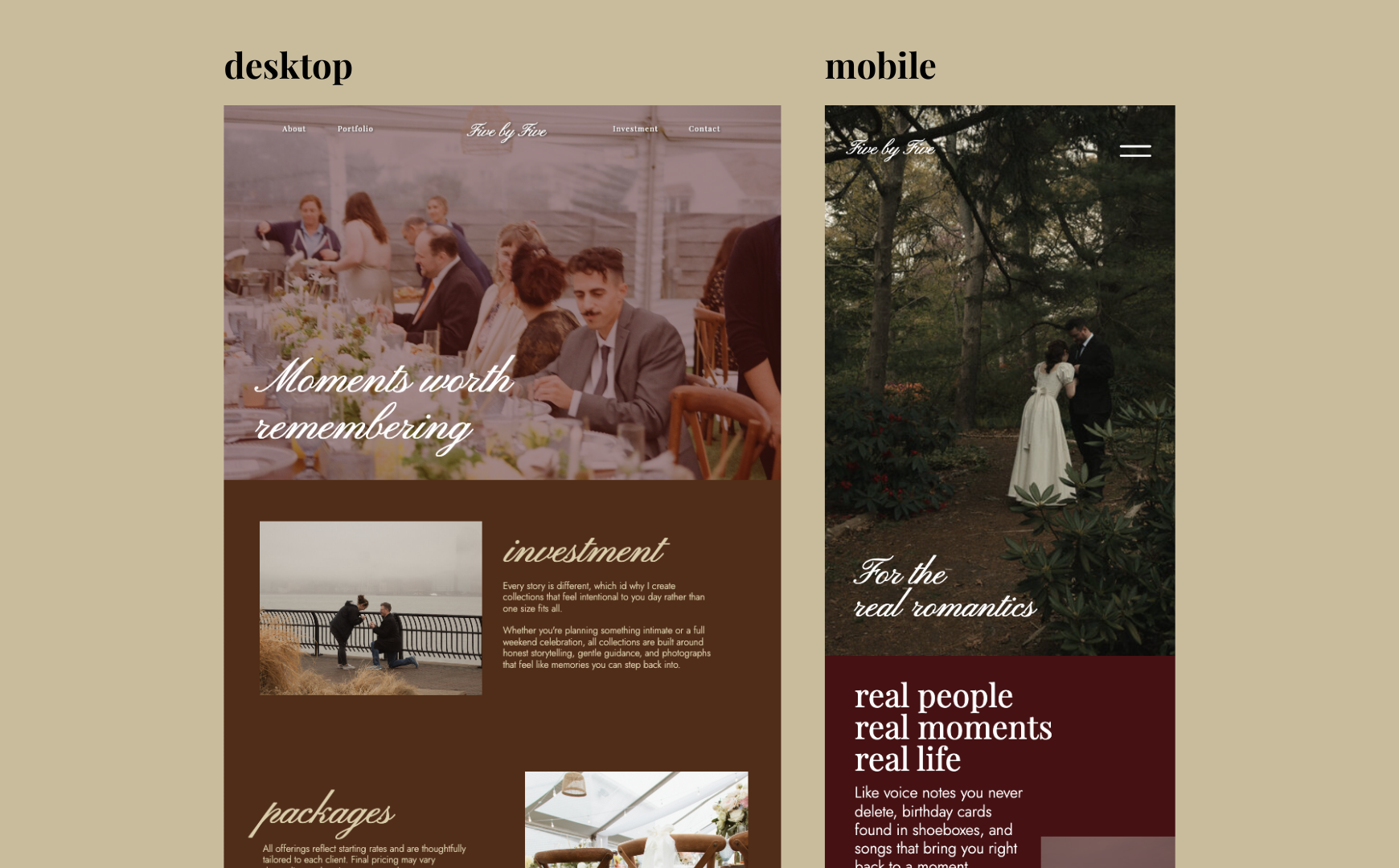 Website desktop and mobile view (before client made copy and image edits, layout stayed the same)